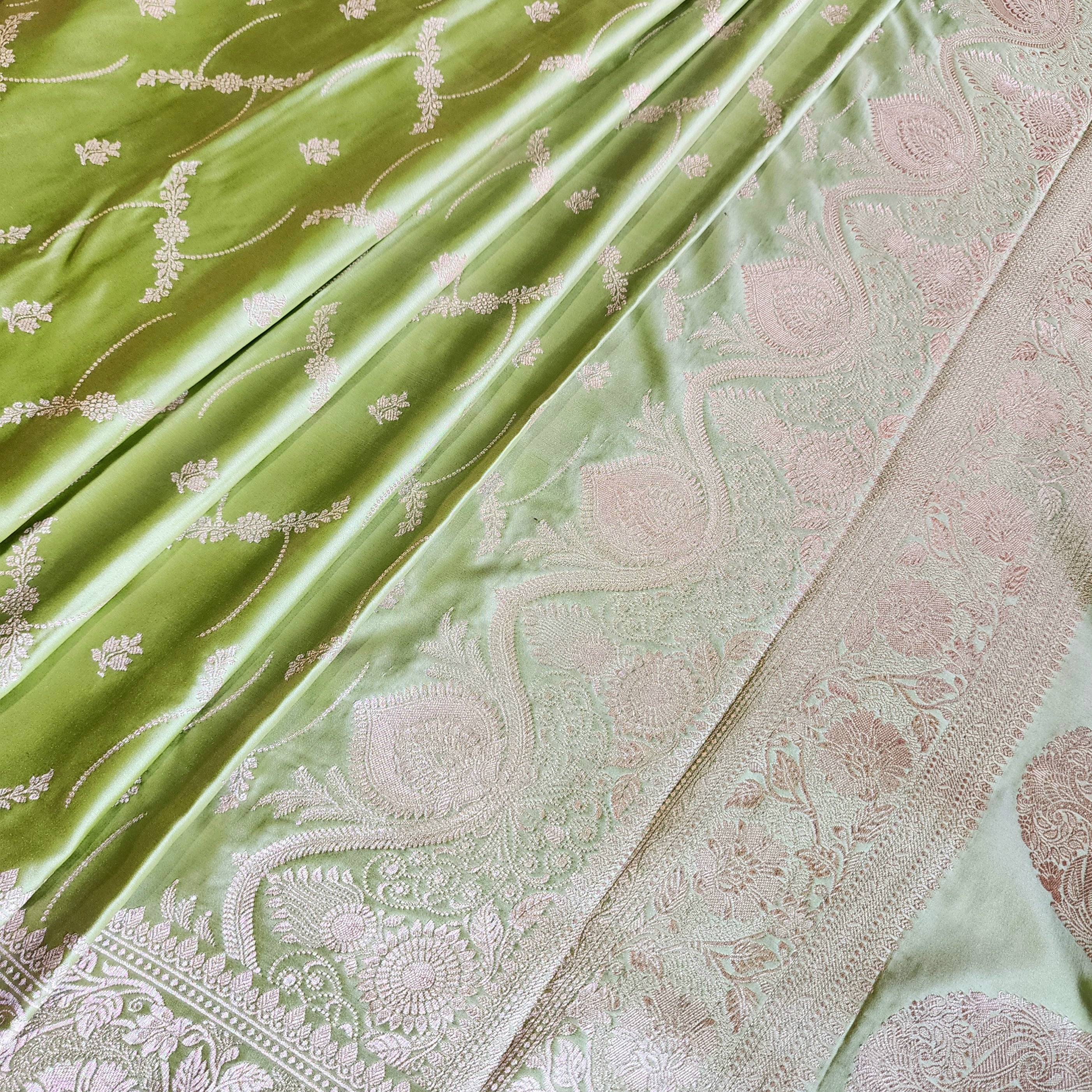 Pastel Sage Green Banarasi Katan Silk Saree with Light Gold Zari weaving