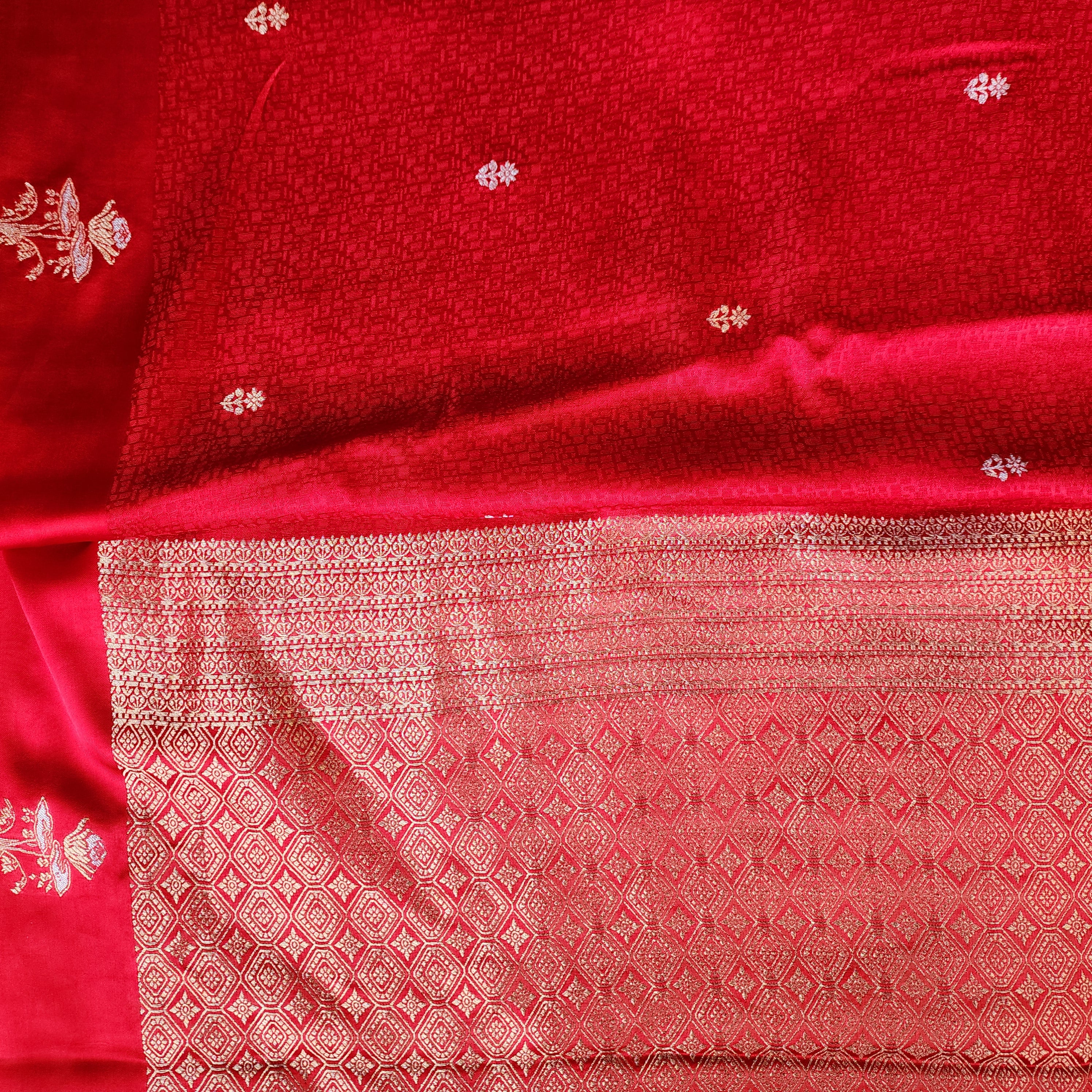 Crimson Red Mashru Tanchoi Saree with Gold Zari