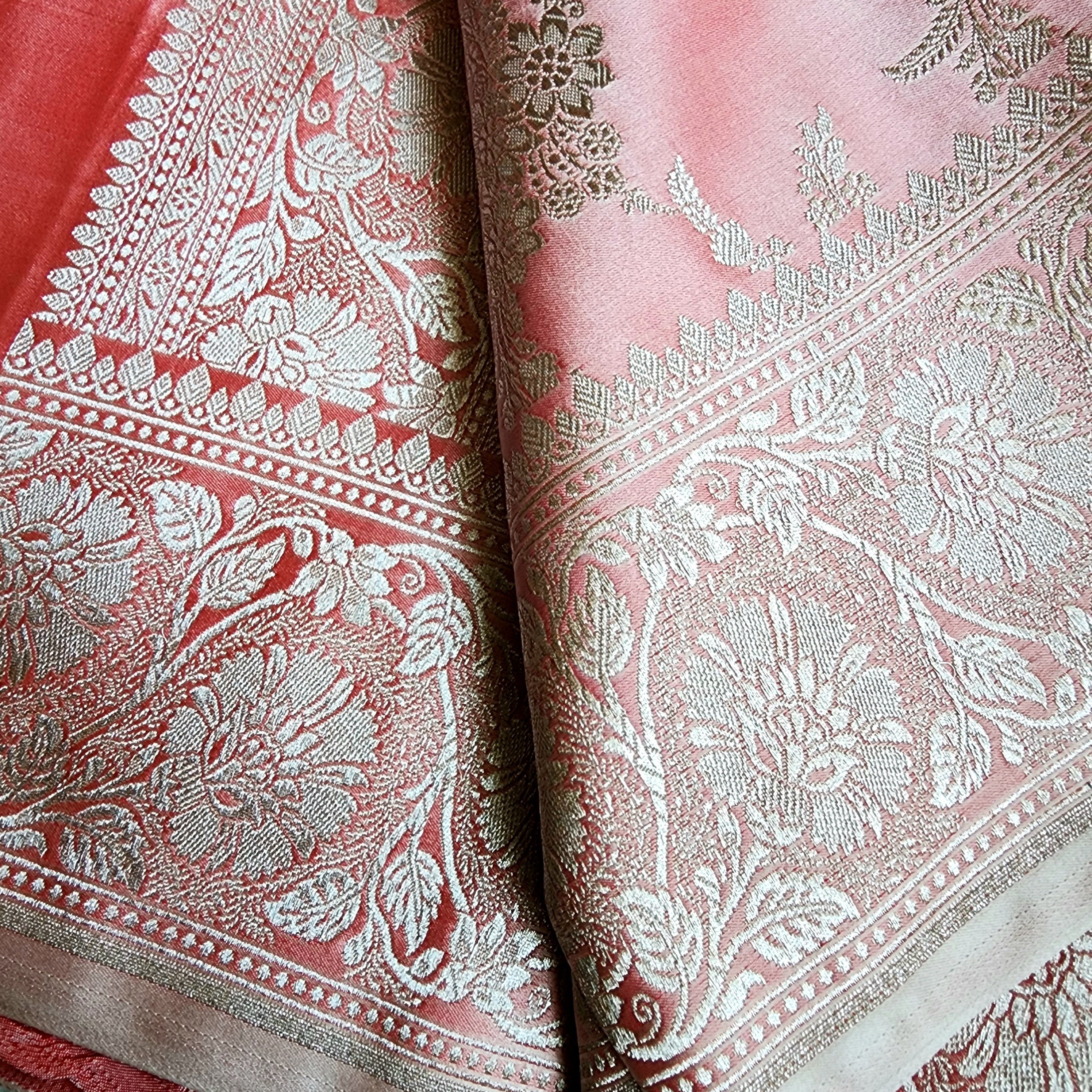 Blush Coral Banarasi Katan Silk Saree with Floral Vine Jaal