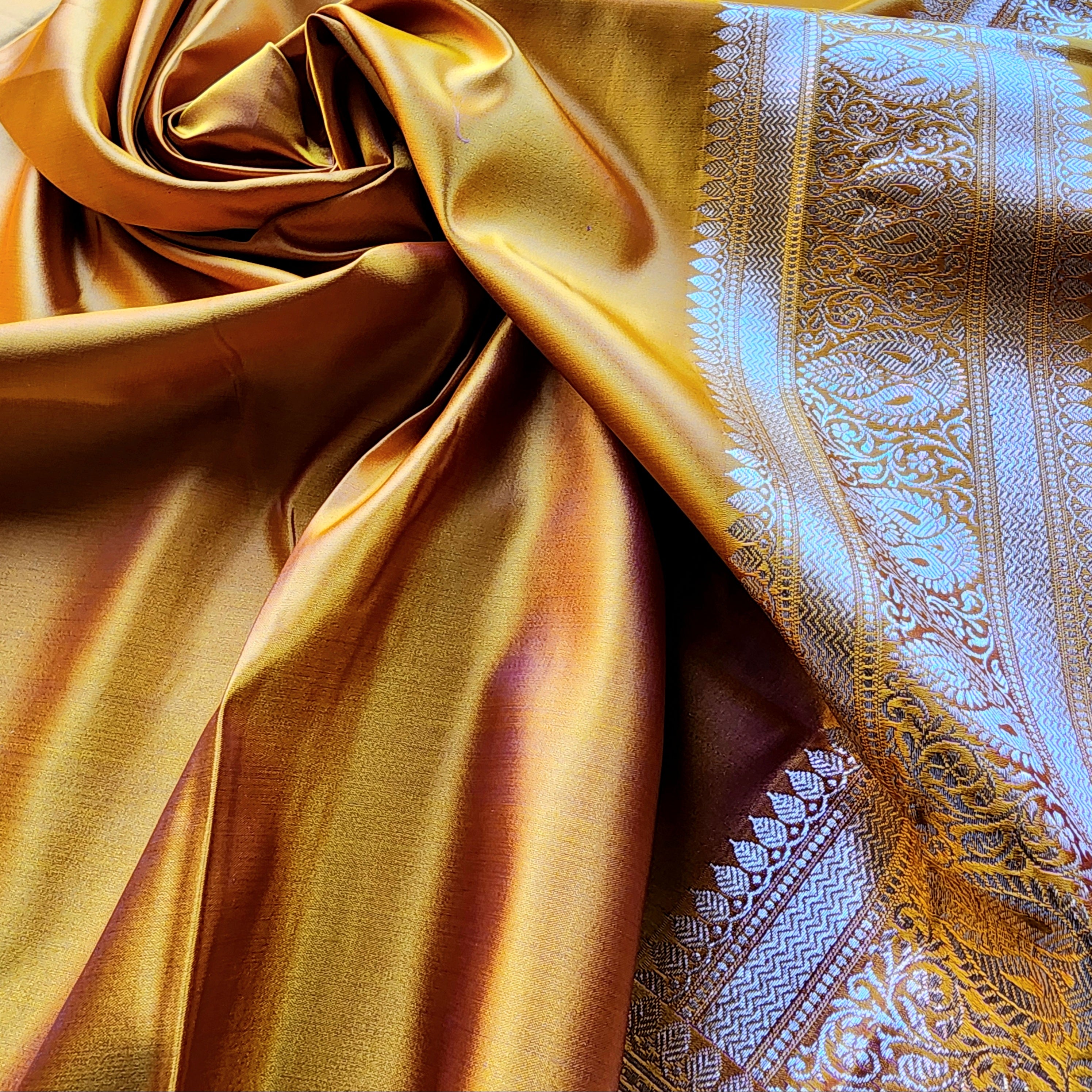 Rich Orange Pure Banarasi Katan Silk Saree with light Gold Zari Weaving