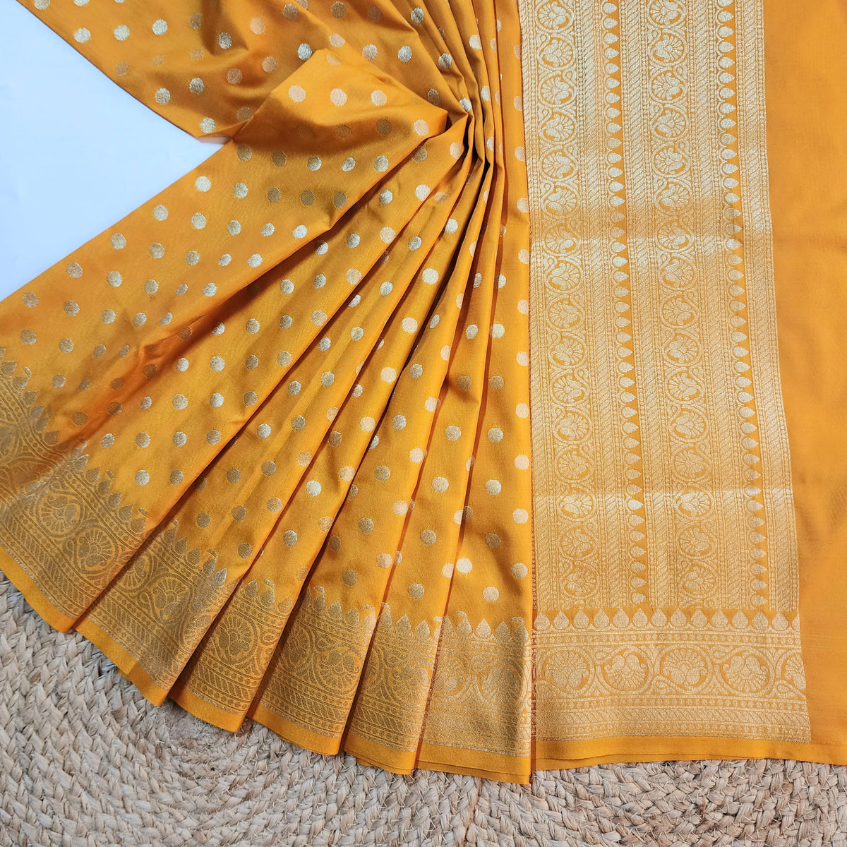 Mustard Yellow Banarasi Silk Dupatta with Gold Polka Dot