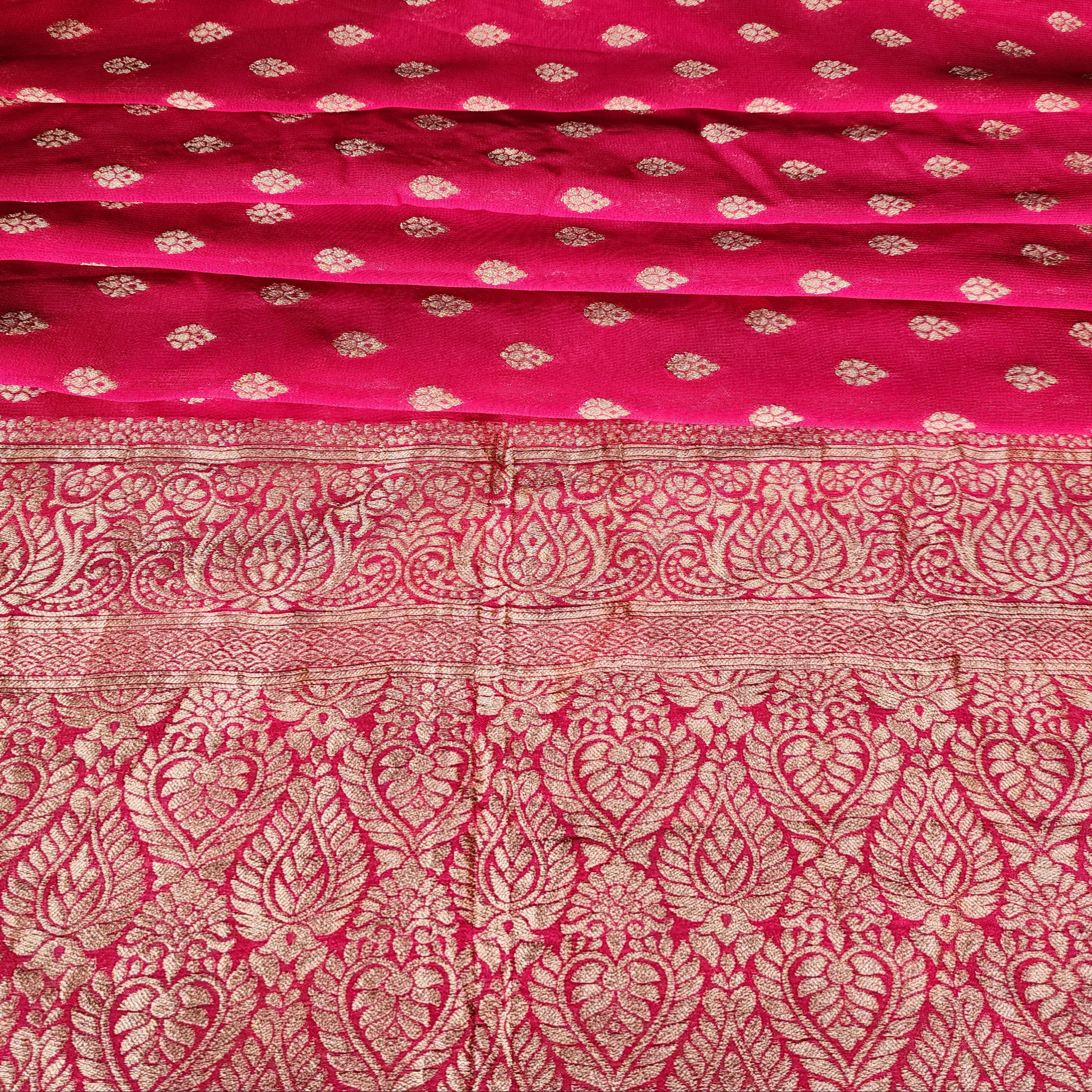 Radish Pink Khaddi Georgette Pure Banarasi Saree with Golden Zari