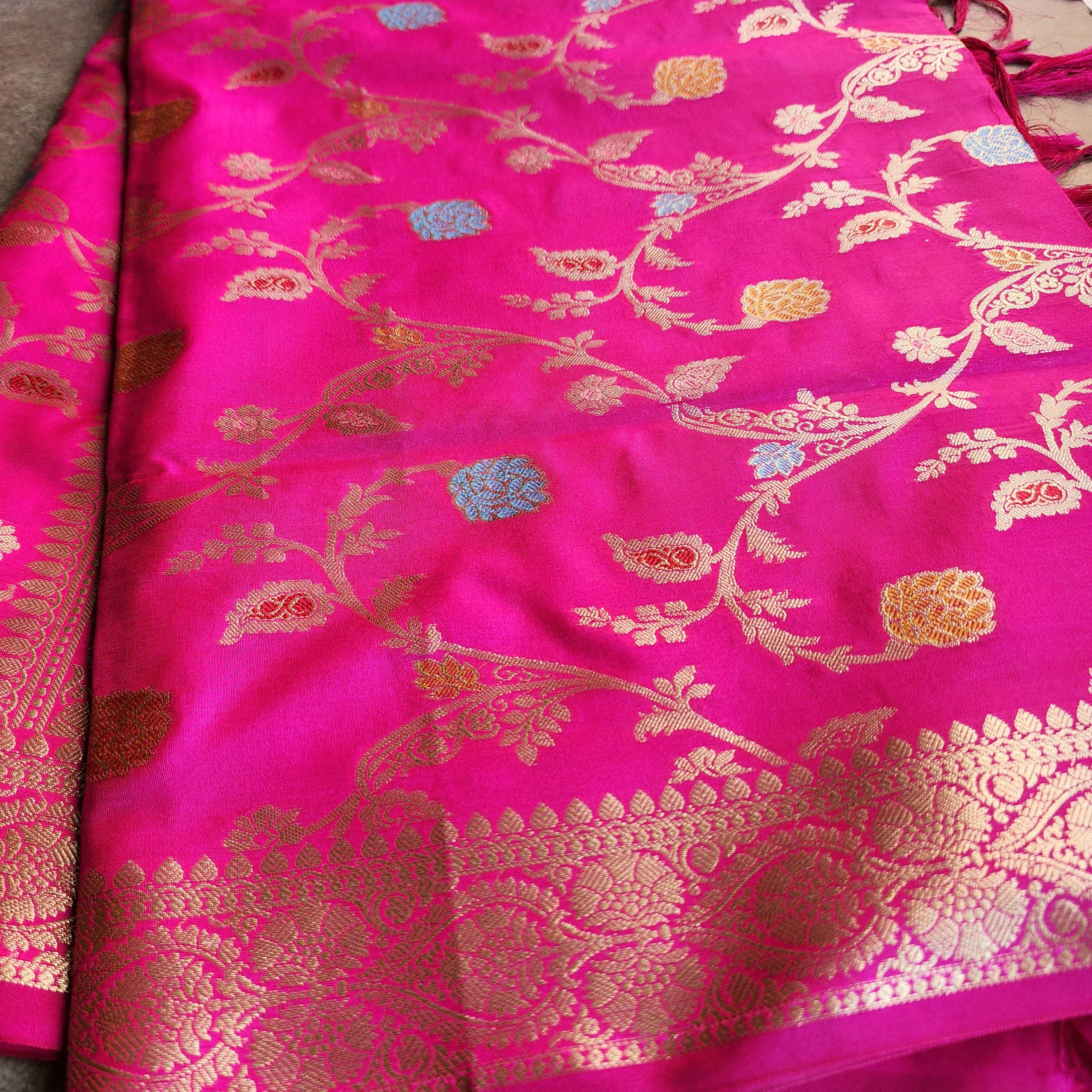 Hot Pink Banarasi Silk Dupatta with Gold Zari Border & Multicolor Meenakari Work