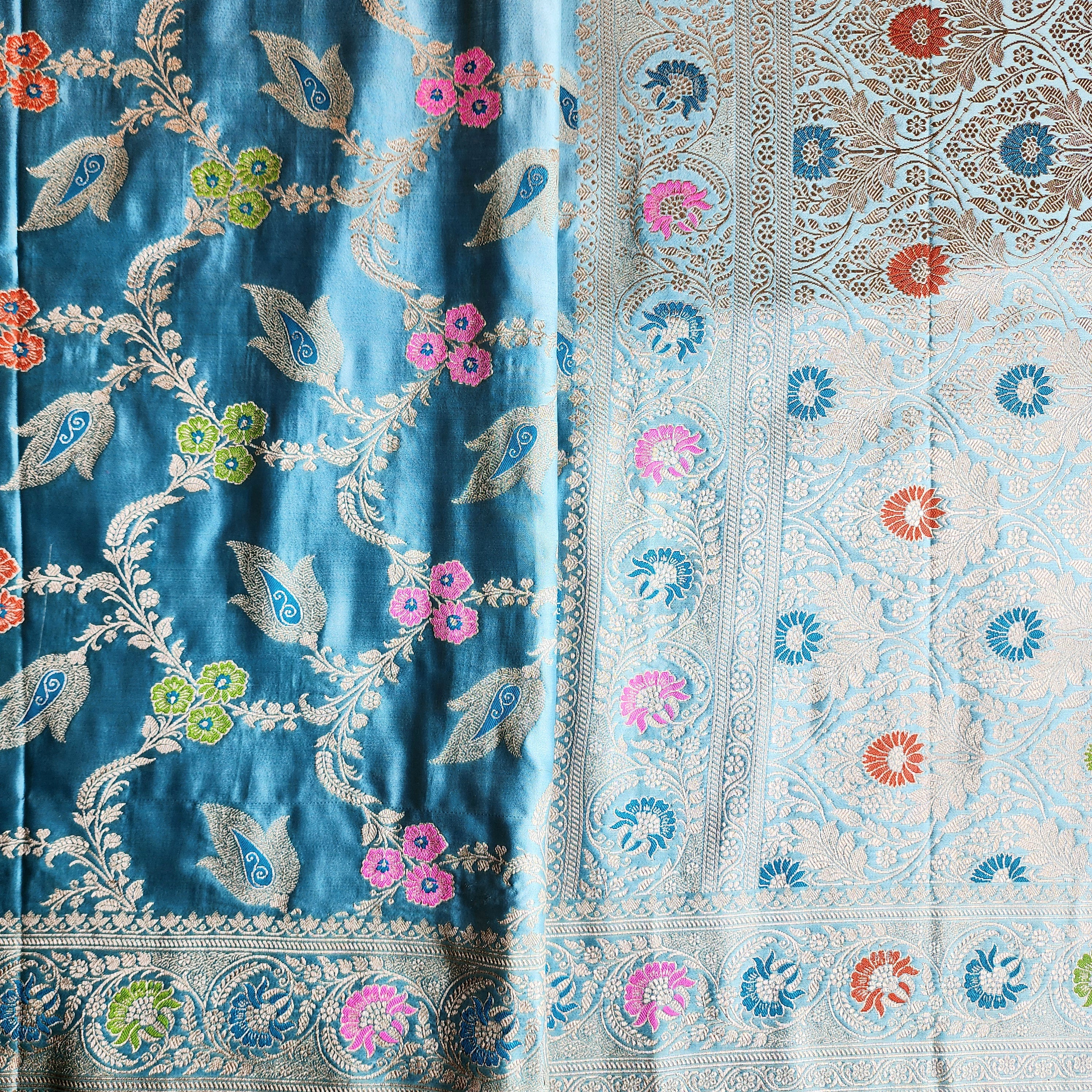 Enriched Powder Blue Banarasi Katan Silk Saree with Multicolor Meenakari Floral Jaal