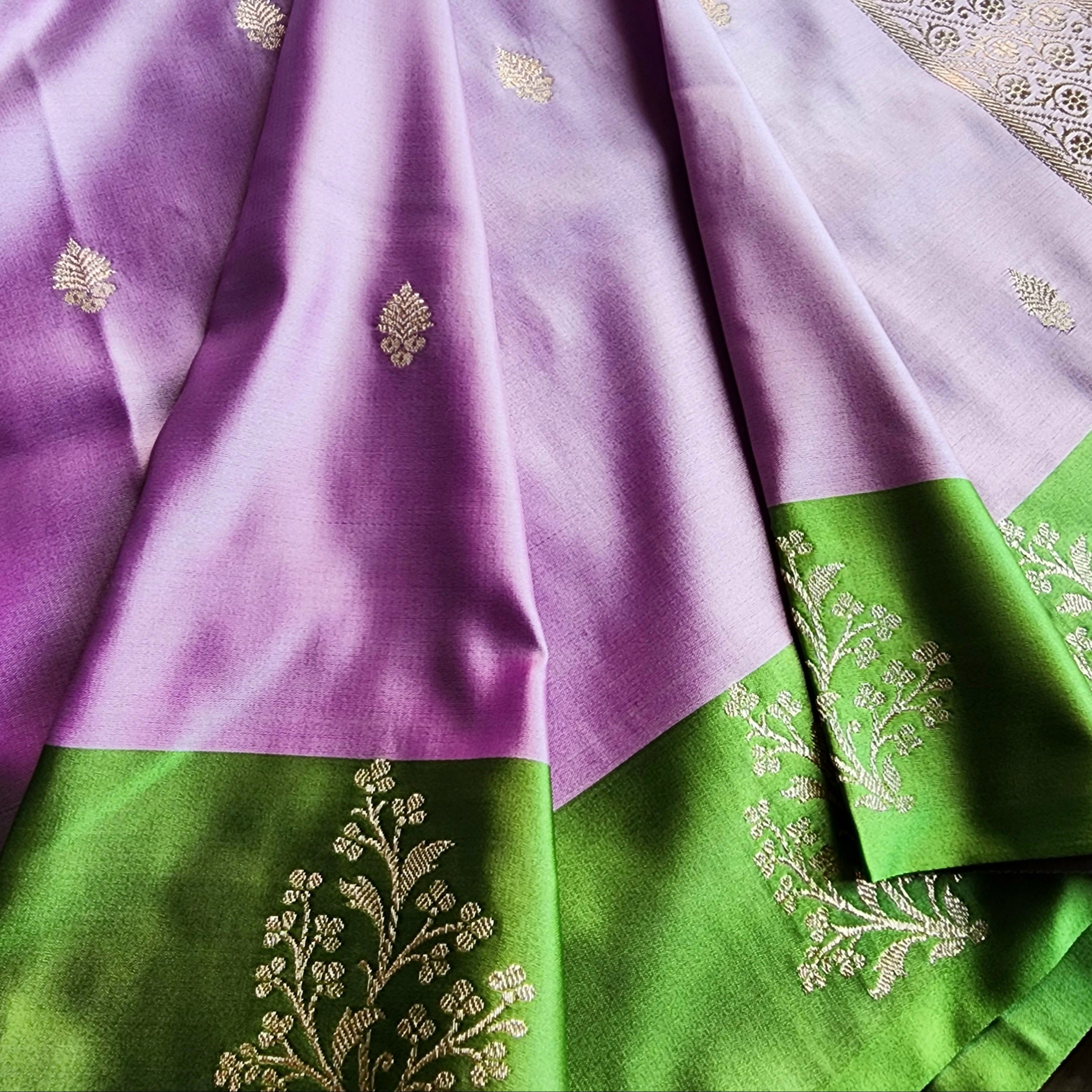 Lavender Katan Silk Saree with Parrot Green Gold Zari Border
