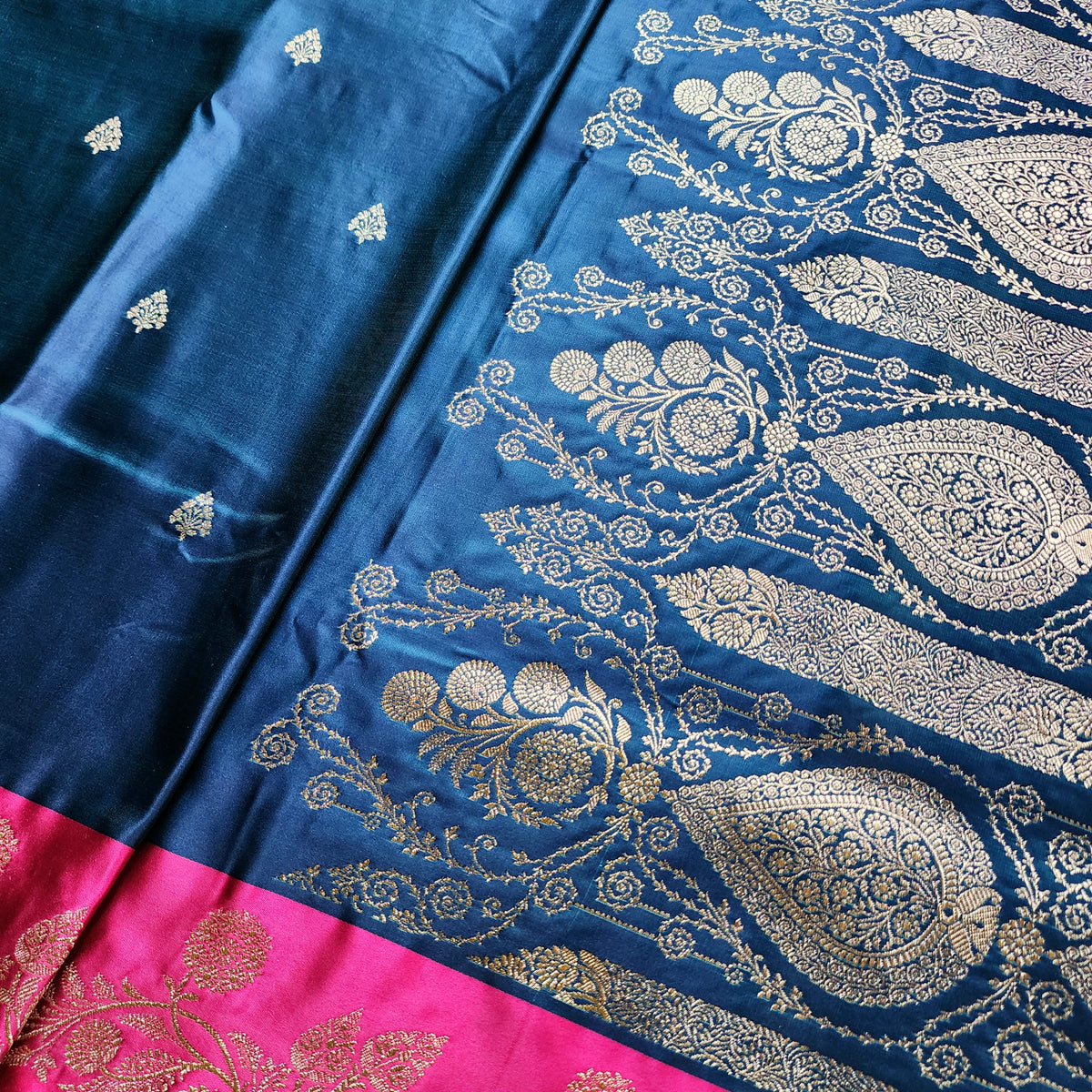 Midnight Blue Pure Banarasi Katan Silk Saree with Rani Pink Border