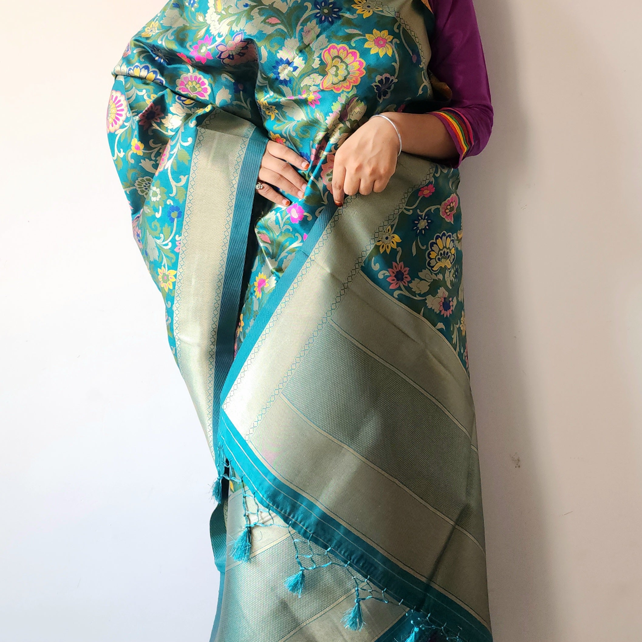 Banarasi Silk Rama Green Dupatta with Multicolor & Gold Floral Handweaving