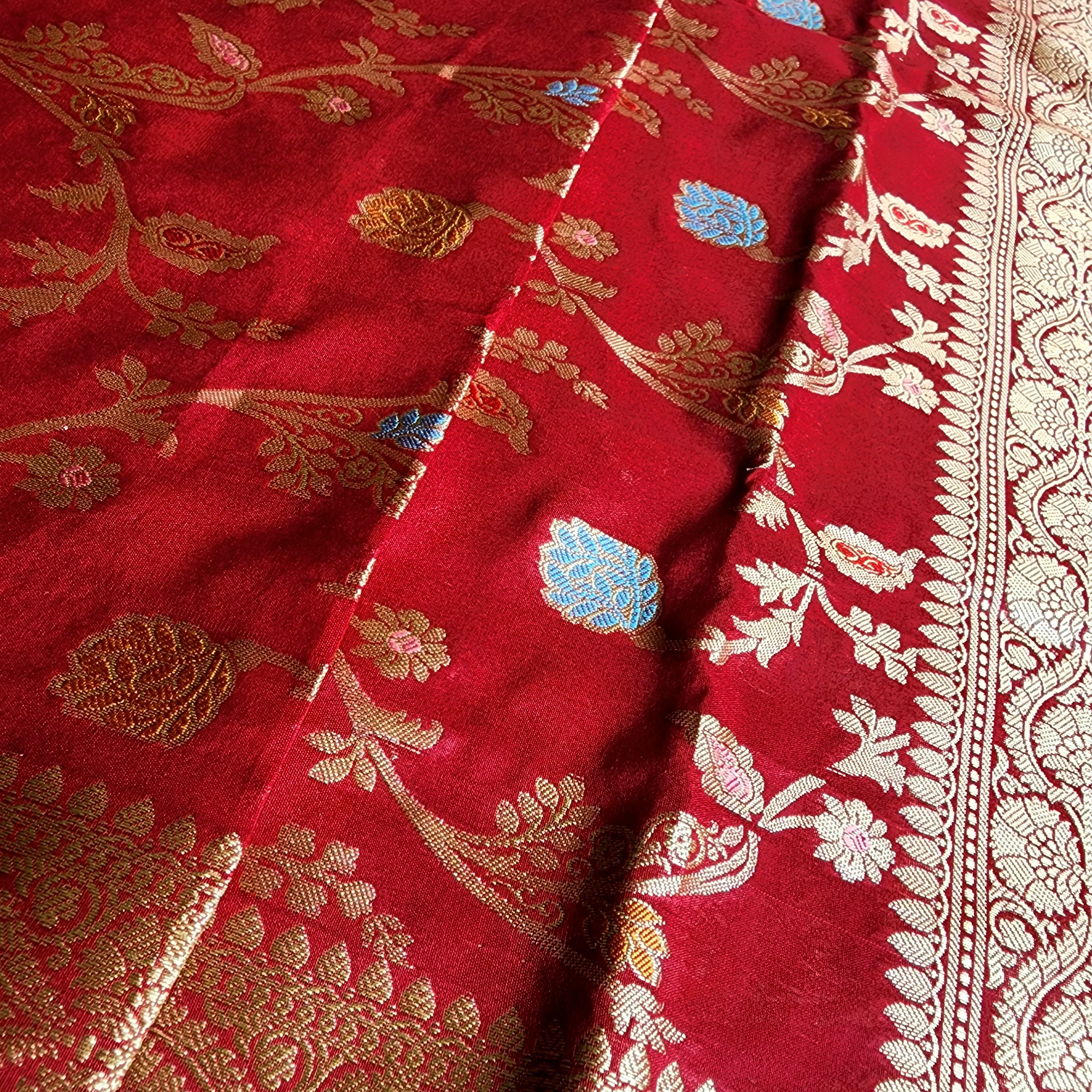 Maroon Banarasi Silk Dupatta with Gold Zari Border & Multicolor Meenakari Work