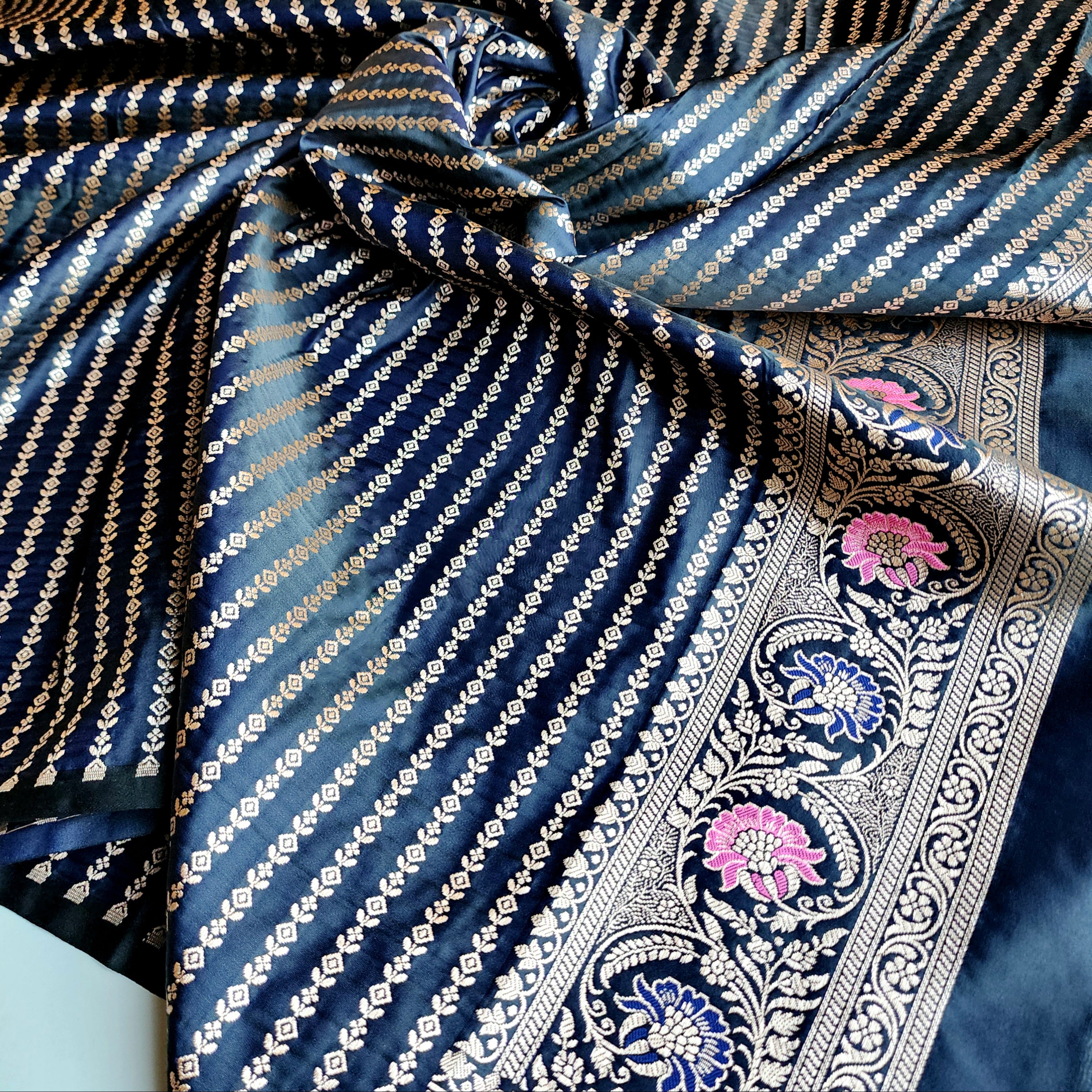 Enriched Midnight Blue Banarasi Katan Silk Saree with Multicolor Meenakari Floral Jaal
