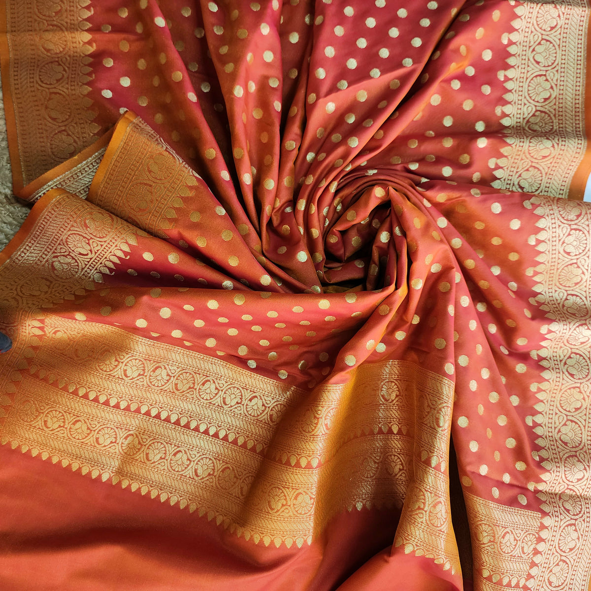 Peach Orange Banarasi Silk Dupatta with Gold Polka Dot