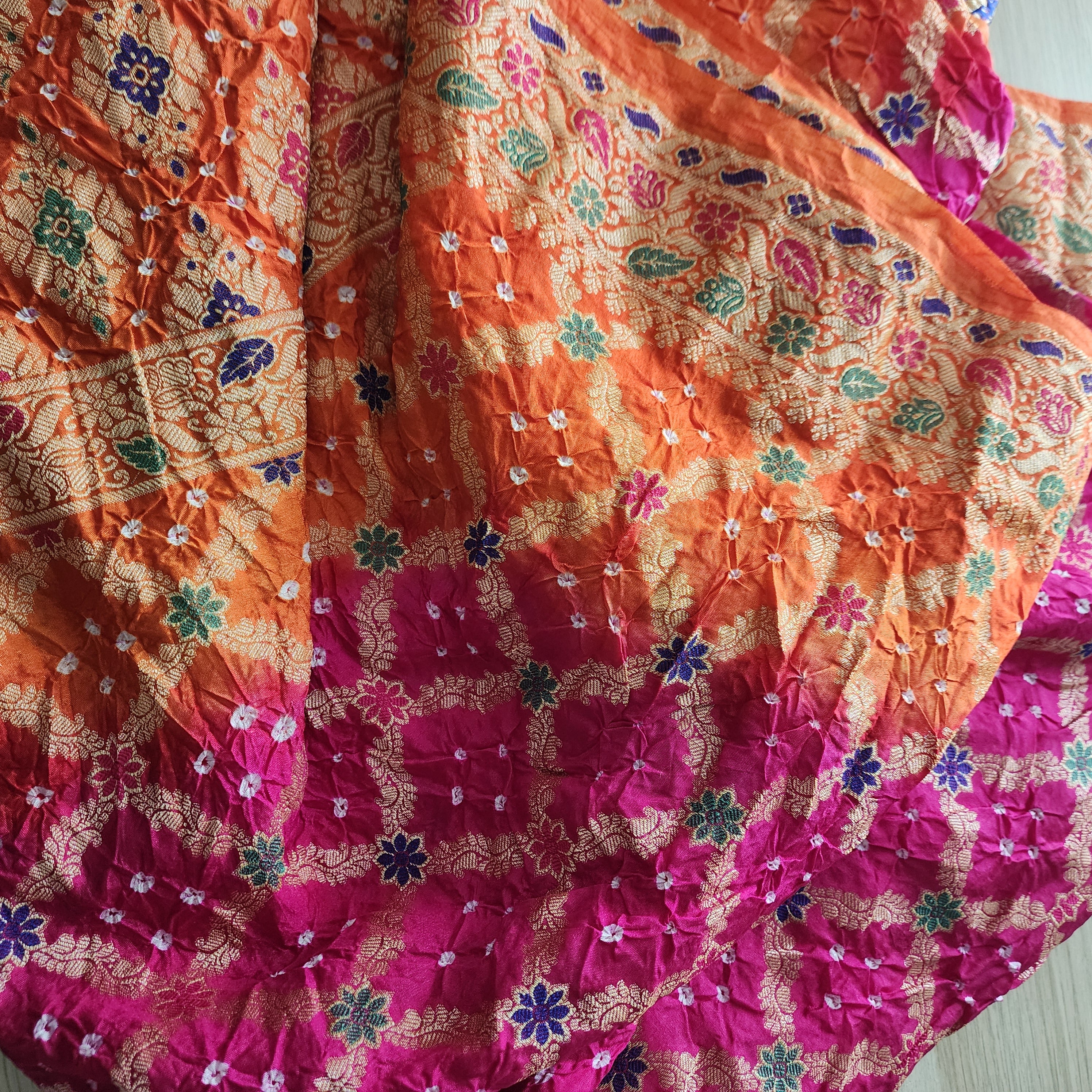 Orange & Rani Pink Bandhni dupatta with Banarasi Meenakari work