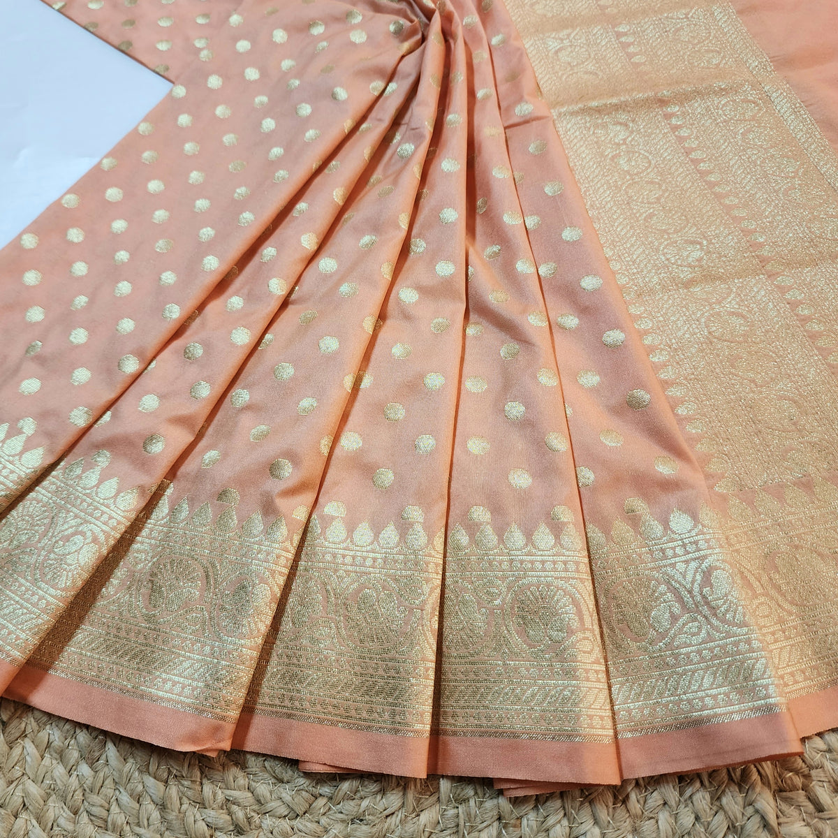 Peach Banarasi Silk Dupatta with Gold Polka Dot