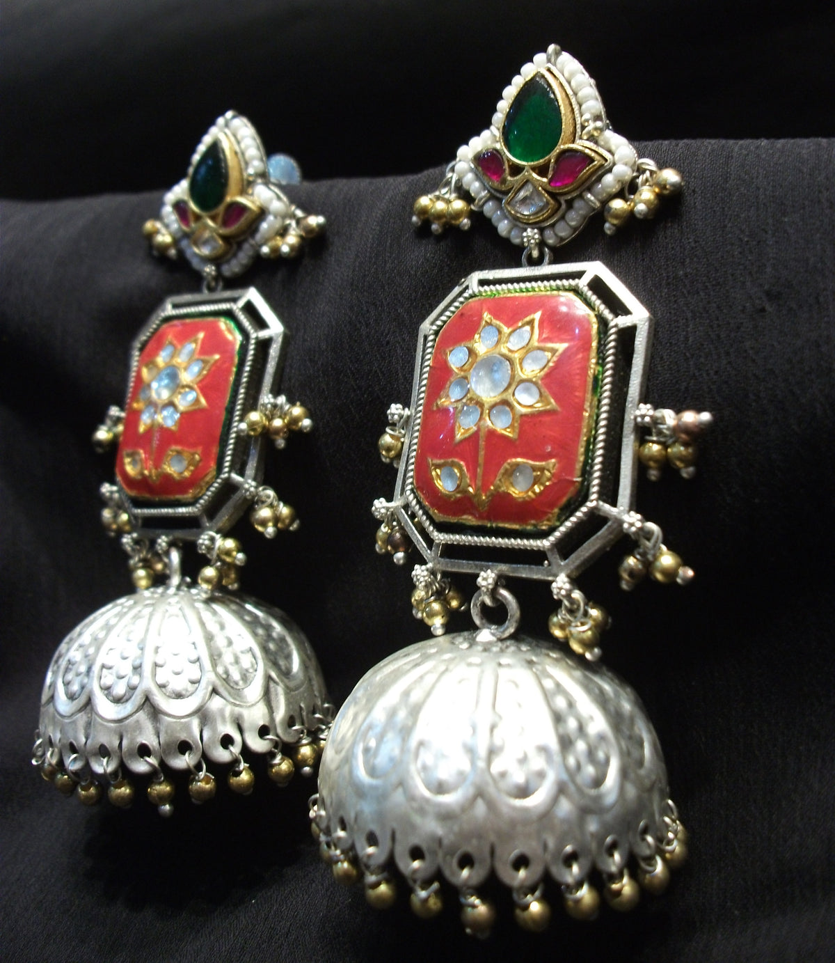 Antique Rectangular Red Enamel & Kundan Flower Earrings