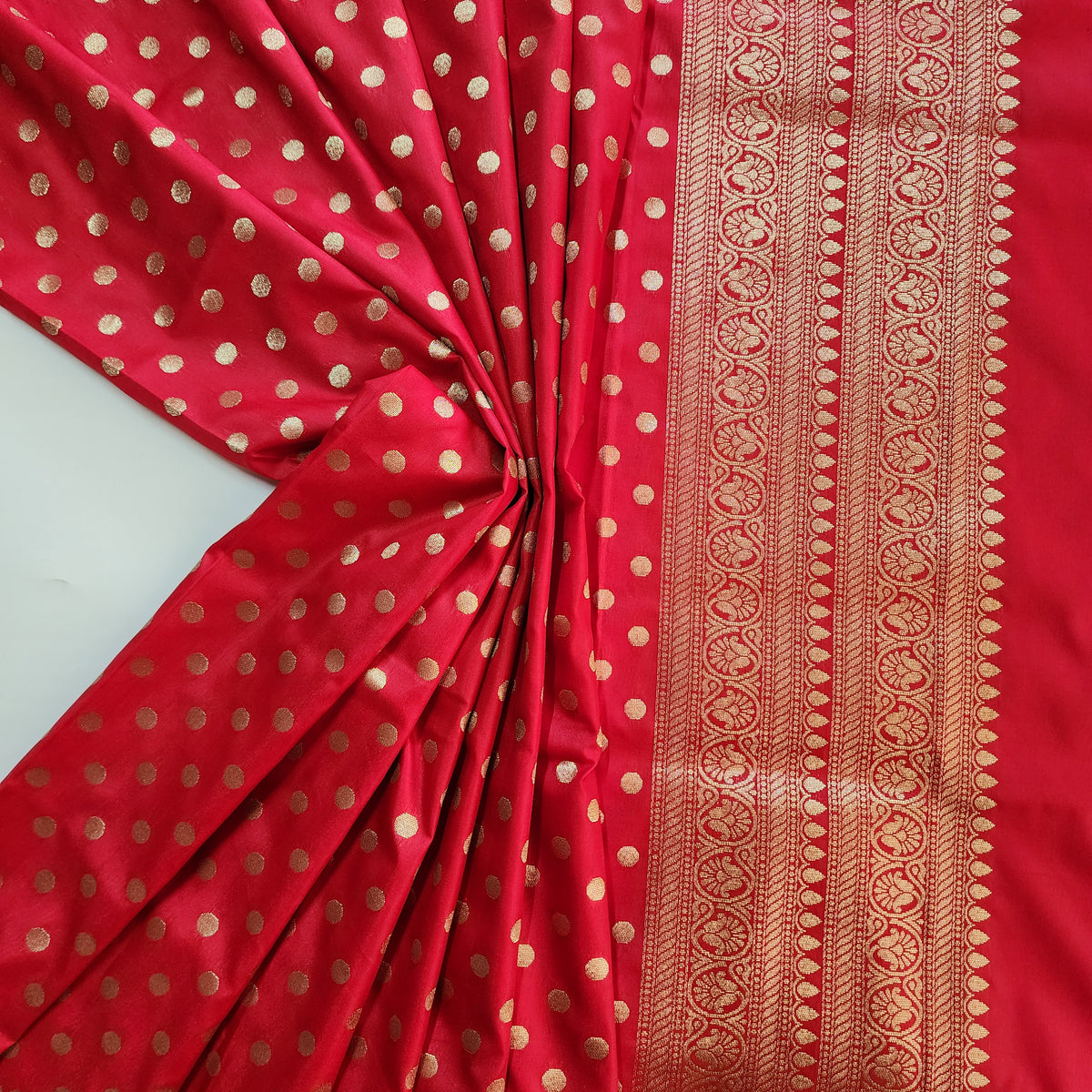 Classic Red Banarasi Silk Dupatta with Gold Polka Dot