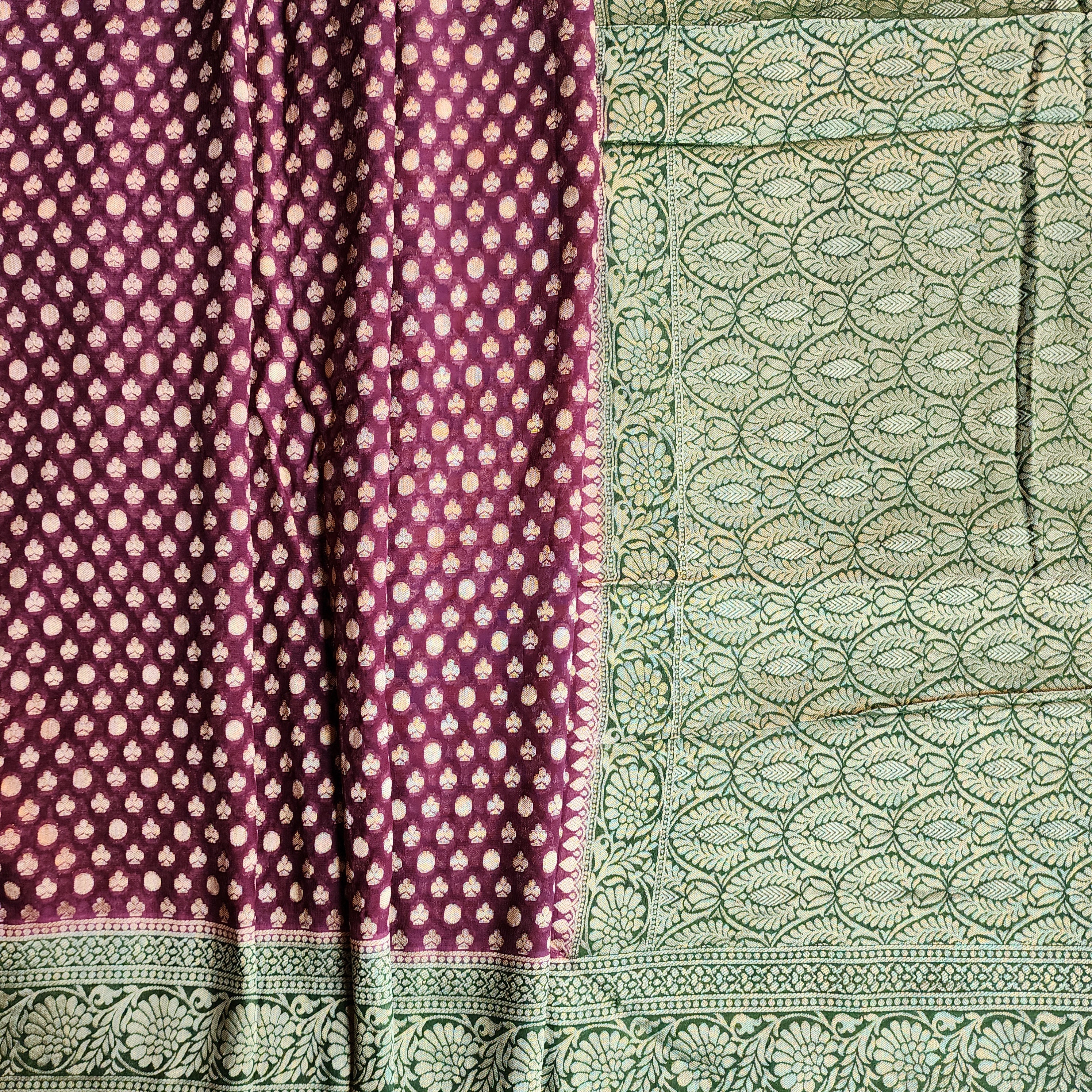 Purple Khaddi Georgette Pure Banarasi Saree with Green Border