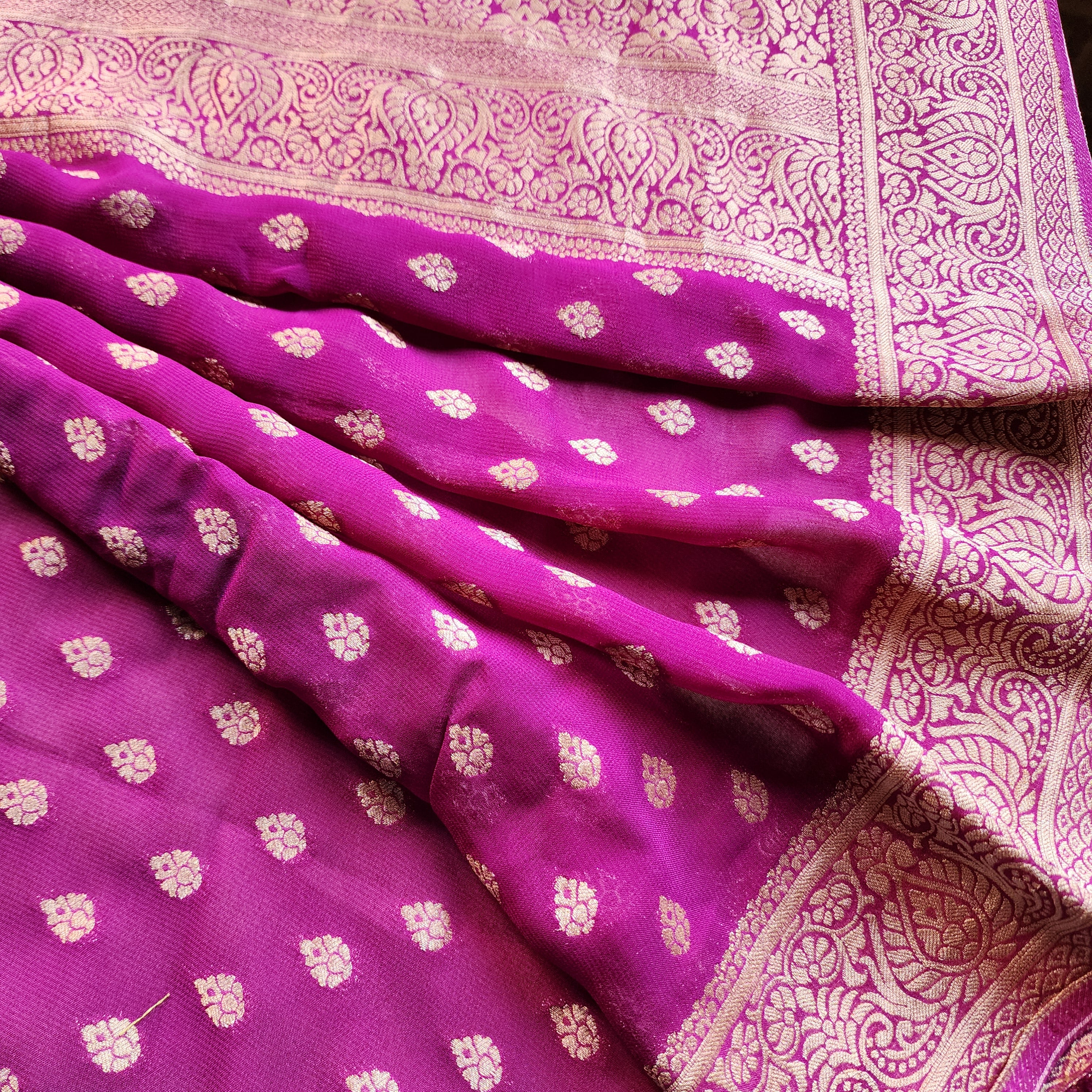 Aubergine Khaddi Georgette Pure Banarasi Saree with Golden Zari