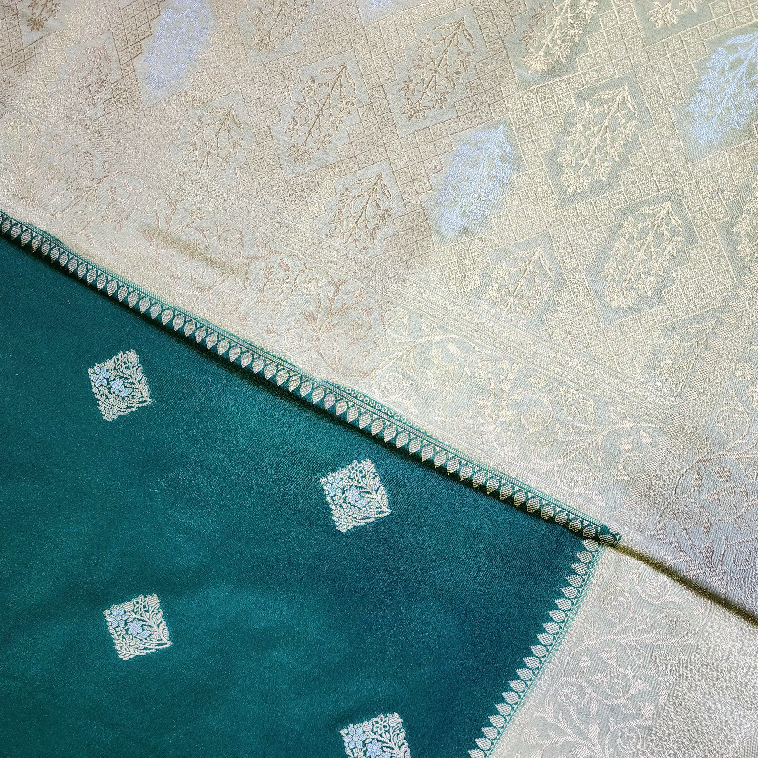 Bottle Green Crepe Georgette Silk Saree with Soft Champagne Gold Zari Border