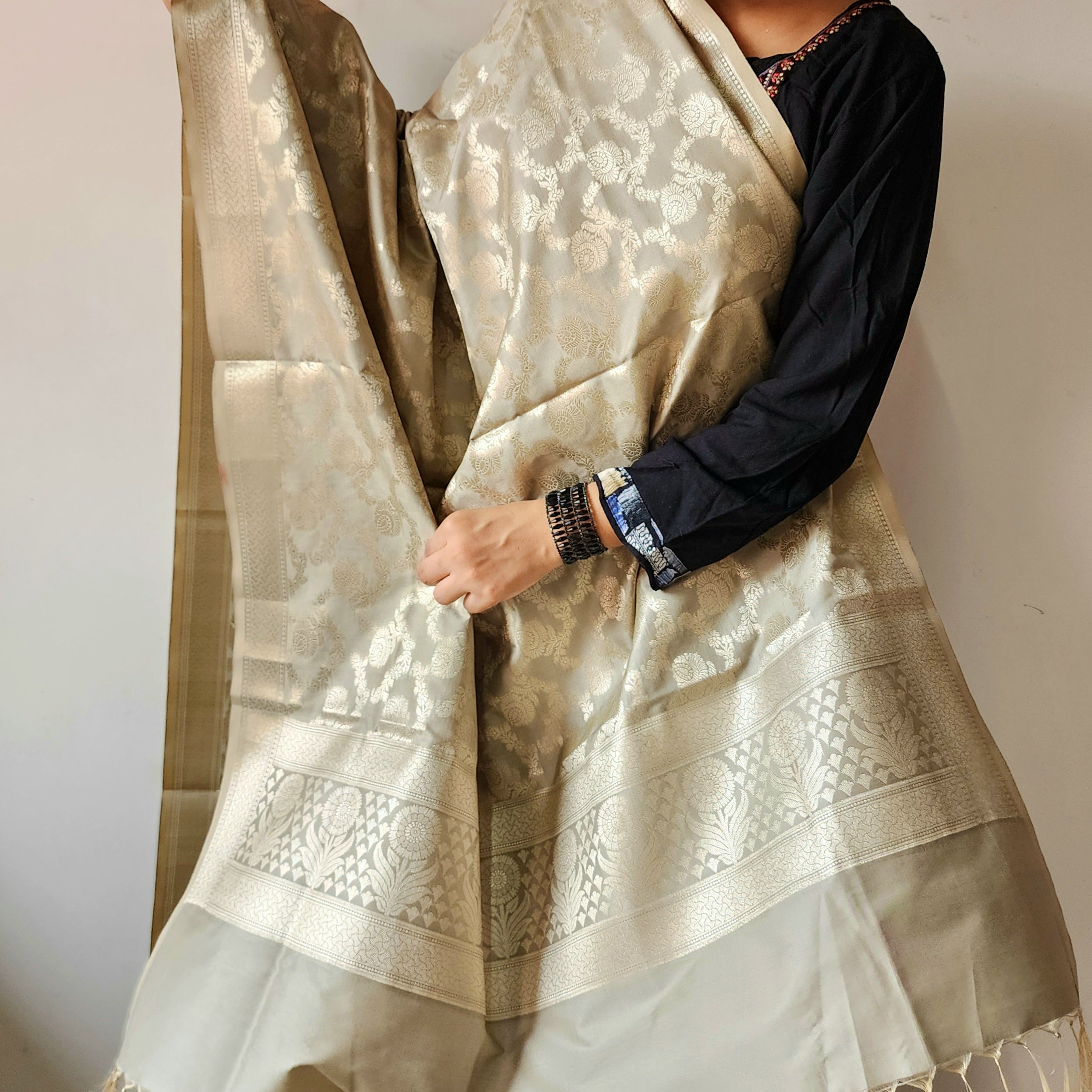 Platinum Grey Floral Jaal Dupatta with Mughal-Inspired Zari Border
