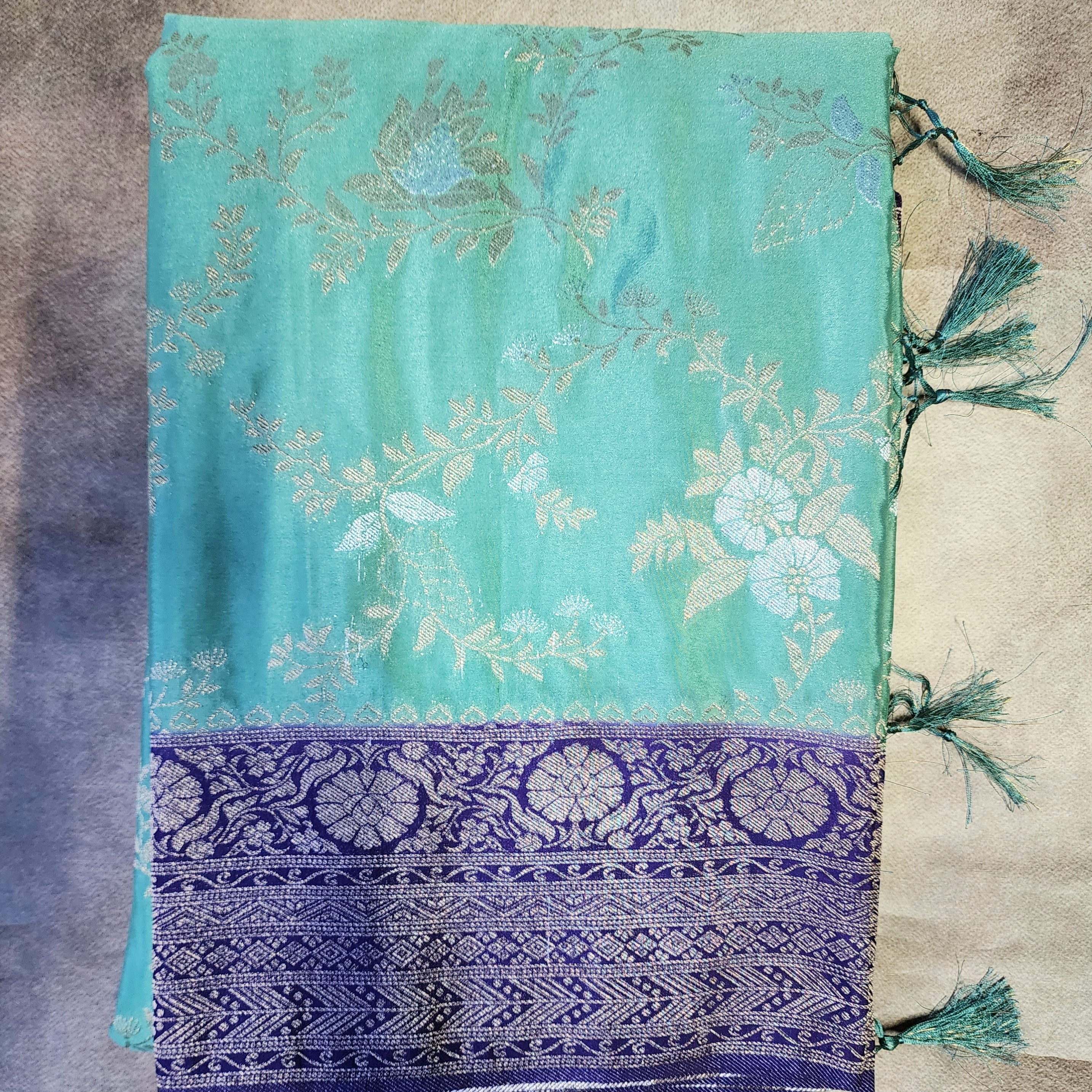Mint Green Crepe Chiffon Saree with Violet Border