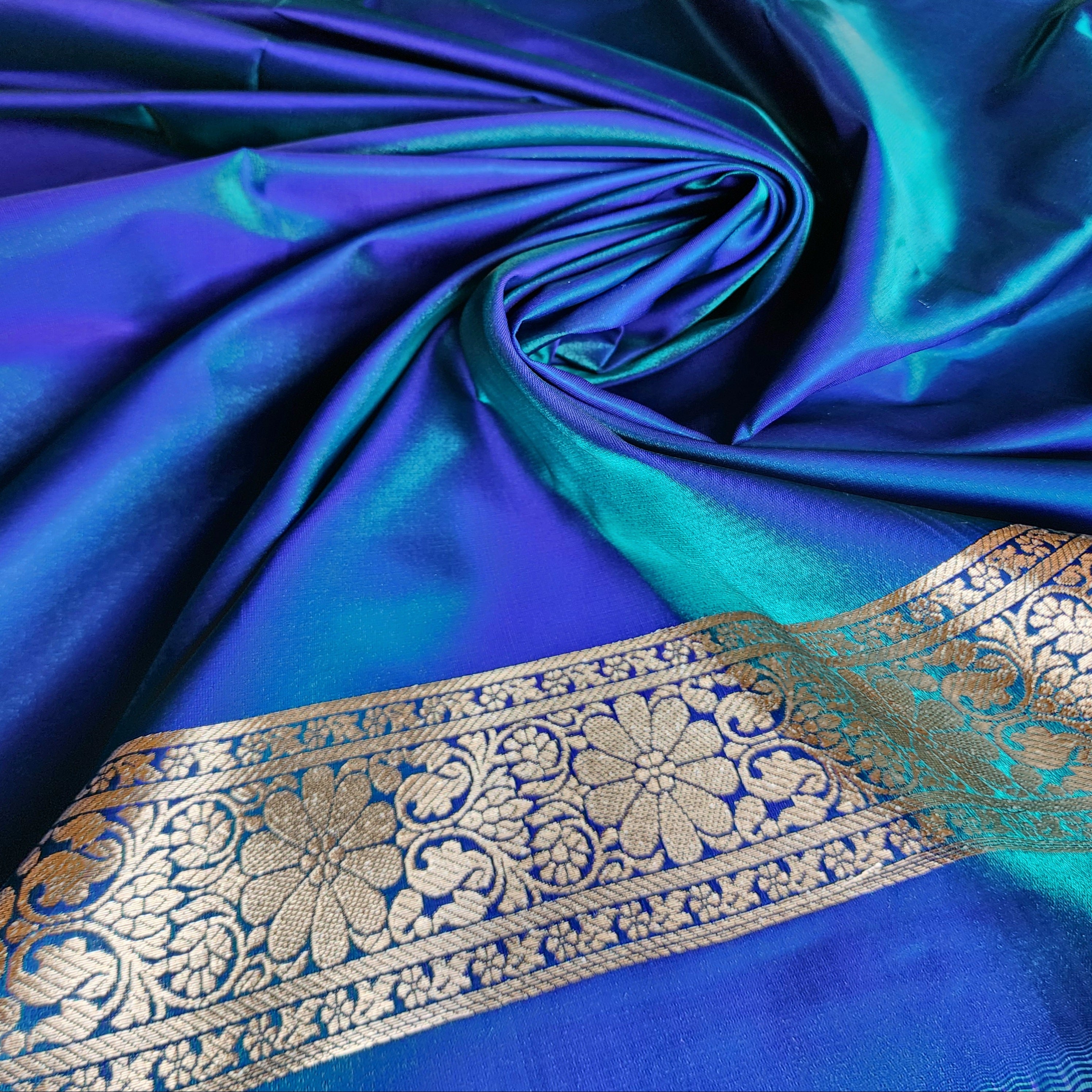Royal Greenish-Blue Banarasi Silk Saree with Golden Zari Weave
