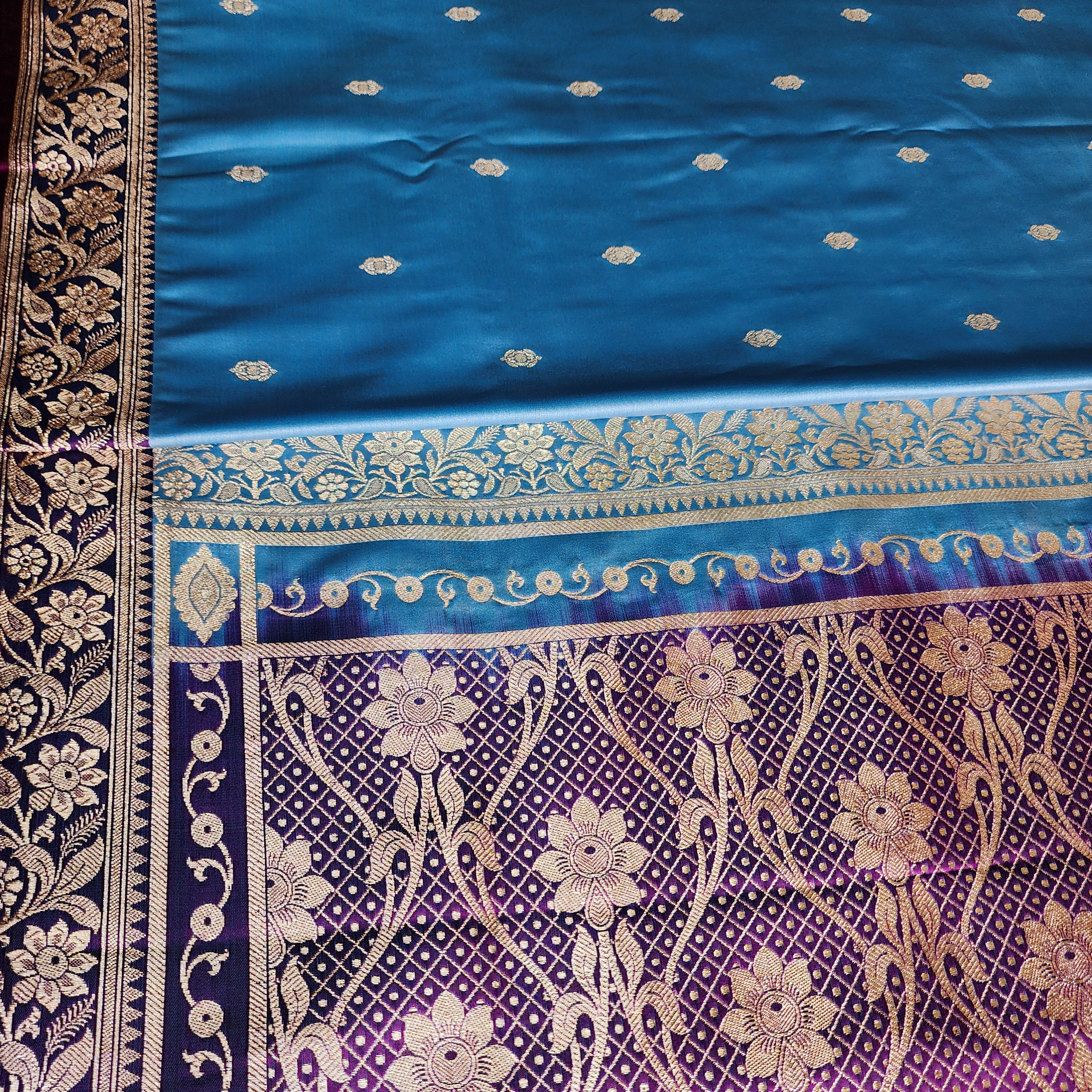Teal Blue Katan Silk Saree with Purple and Gold Zari Border