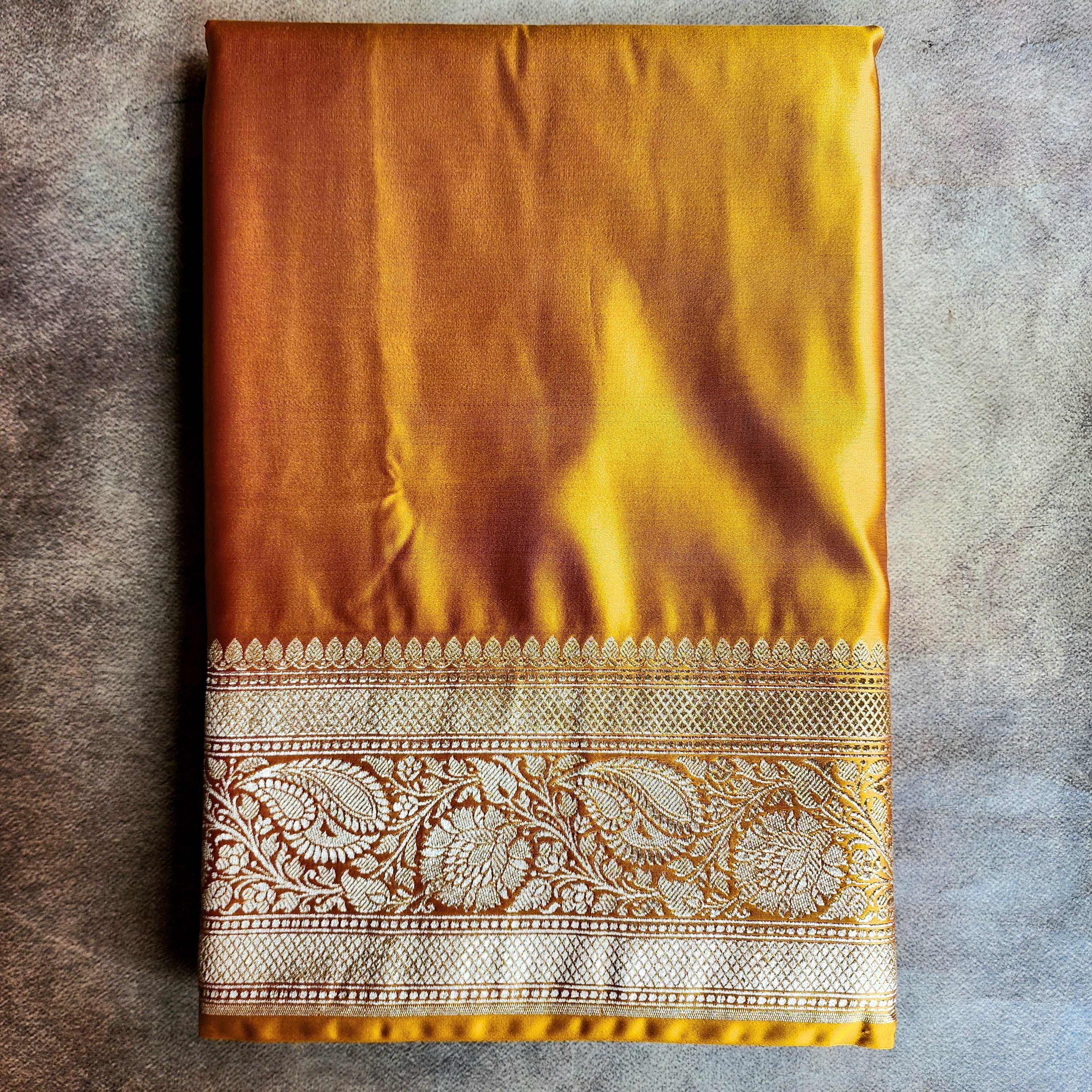 Rich Orange Pure Banarasi Katan Silk Saree with light Gold Zari Weaving
