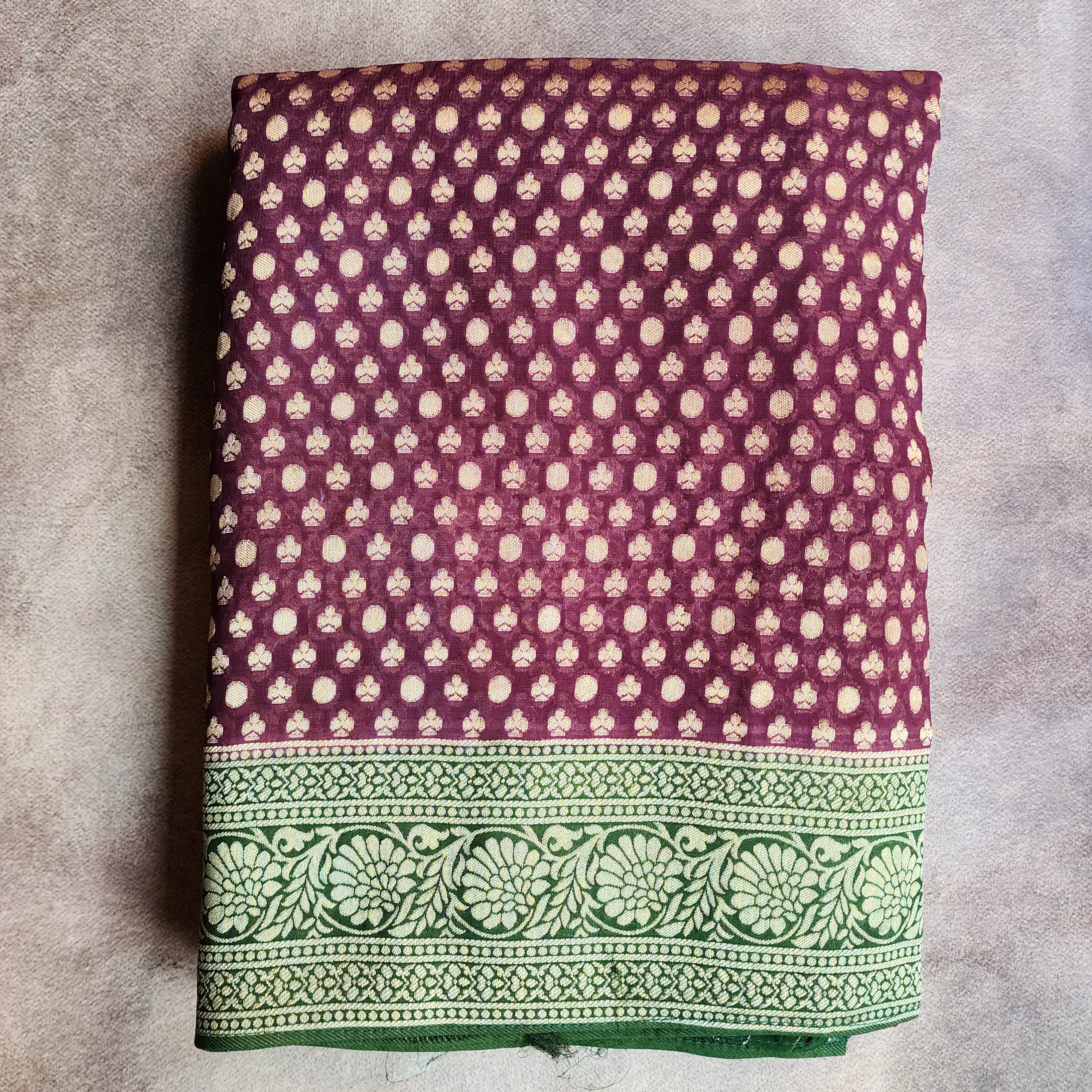 Purple Khaddi Georgette Pure Banarasi Saree with Green Border and Gold Zari