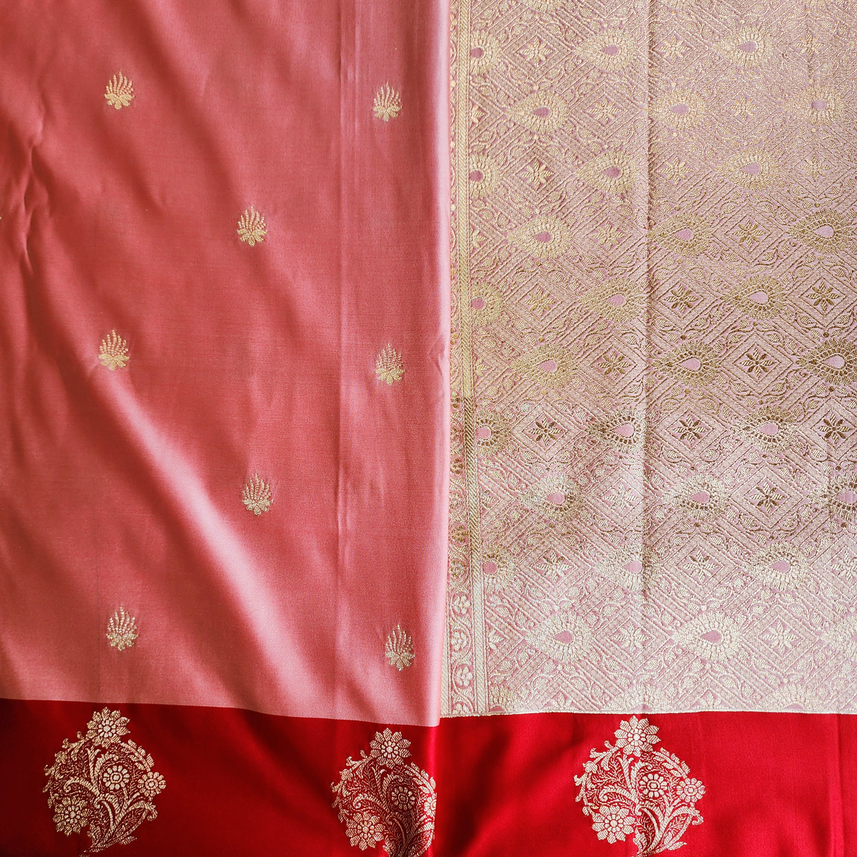 Blush Pink Katan Silk Saree with Red Gold Zari Border