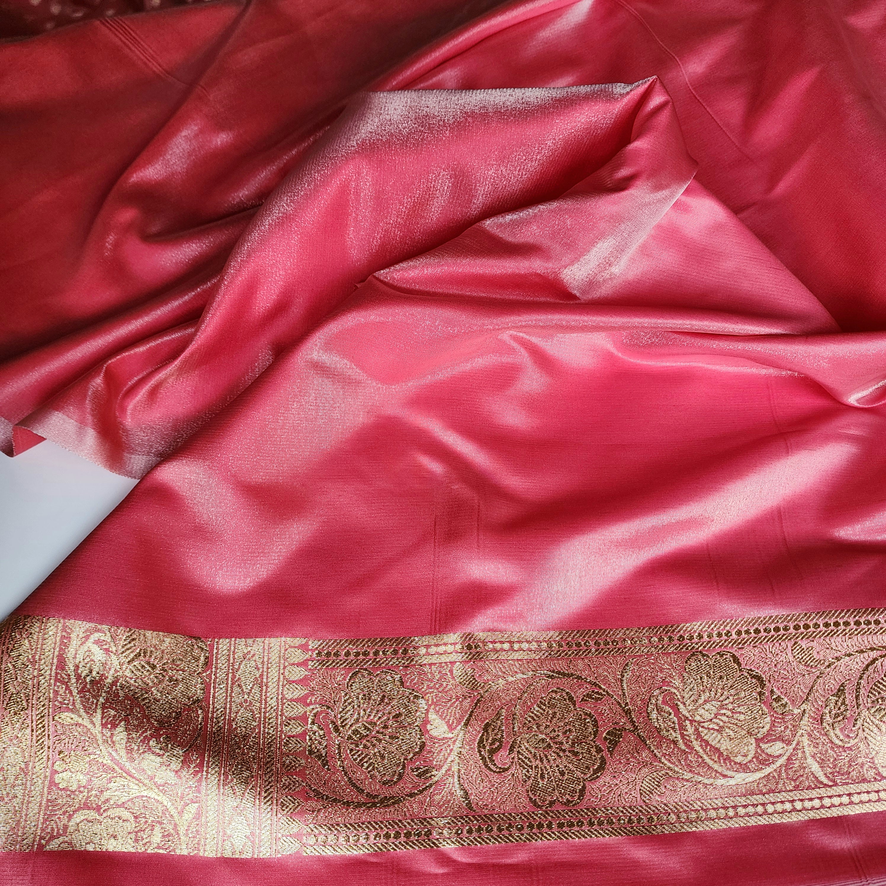 Rich Dusty Rose Banarasi Silk Saree with Gold Zari Weaving