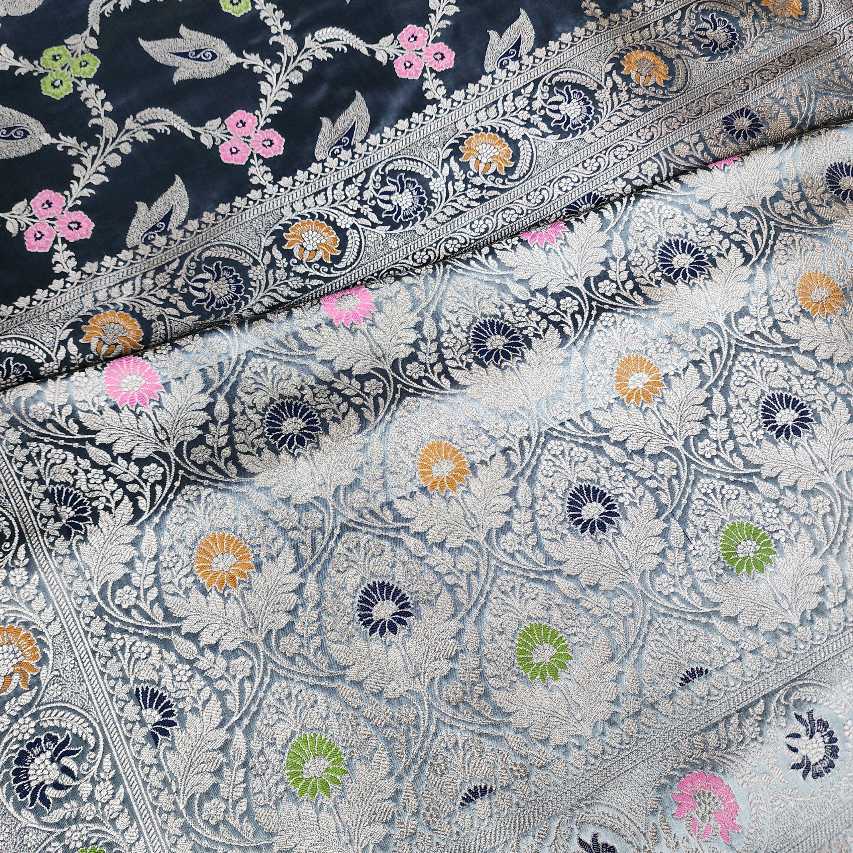 Enriched Dusky Blue Banarasi Katan Silk Saree with Multicolor Meenakari Floral Jaal