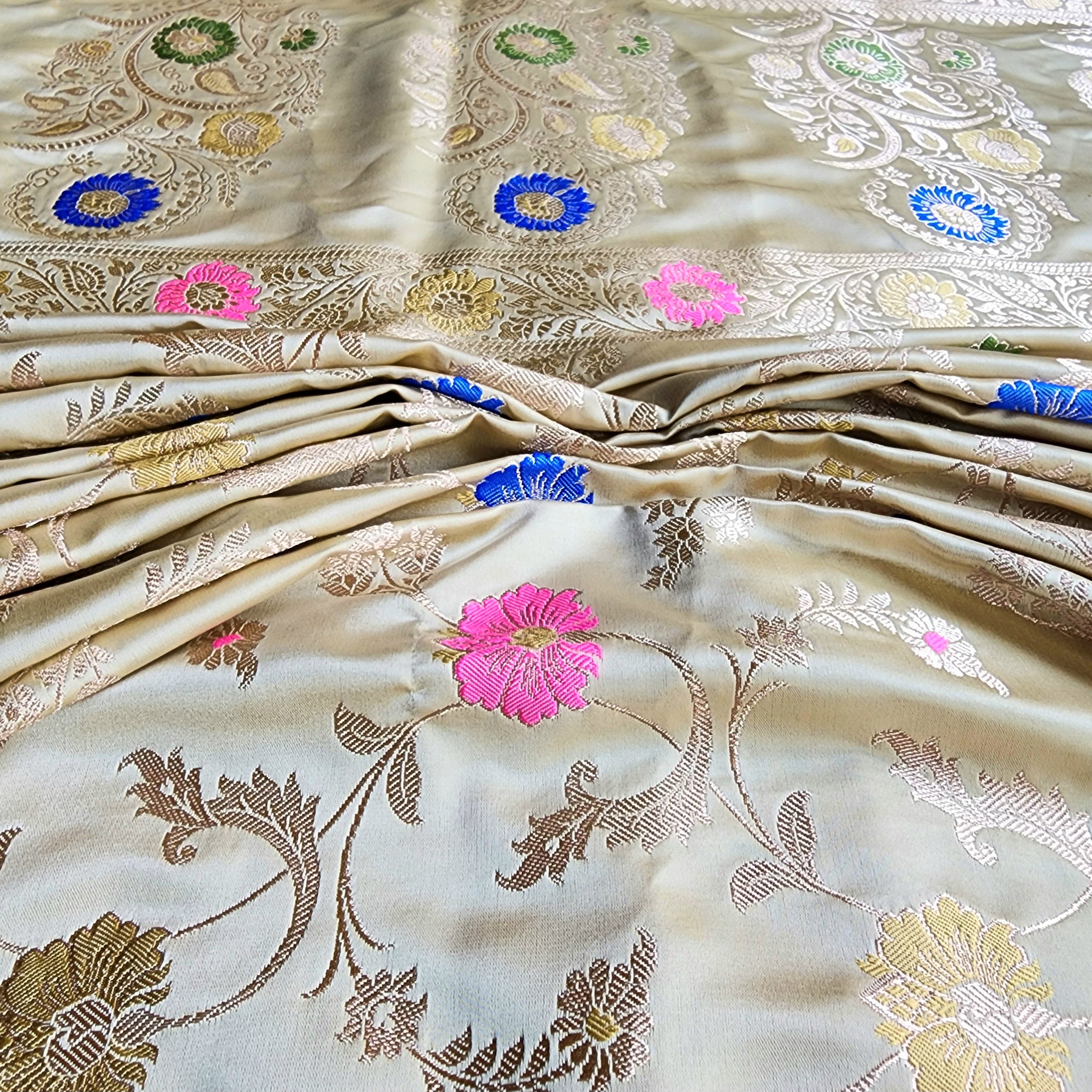 Enriched Banarasi Katan Silk Saree | Light Olive Green Multicolor Meenakari Floral Jaal