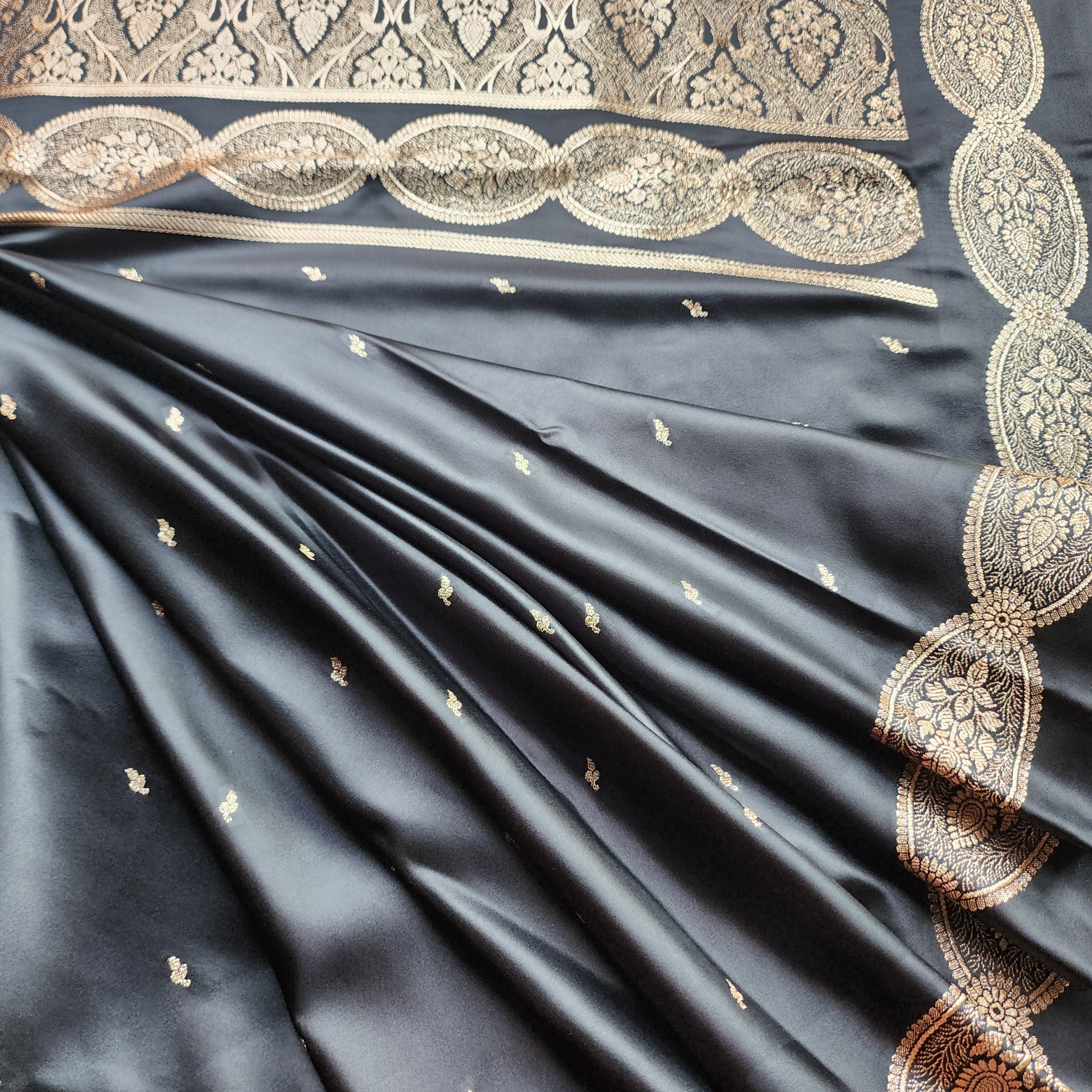 Black Pure Banarasi Katan Silk Saree with Gold Zari Weaving