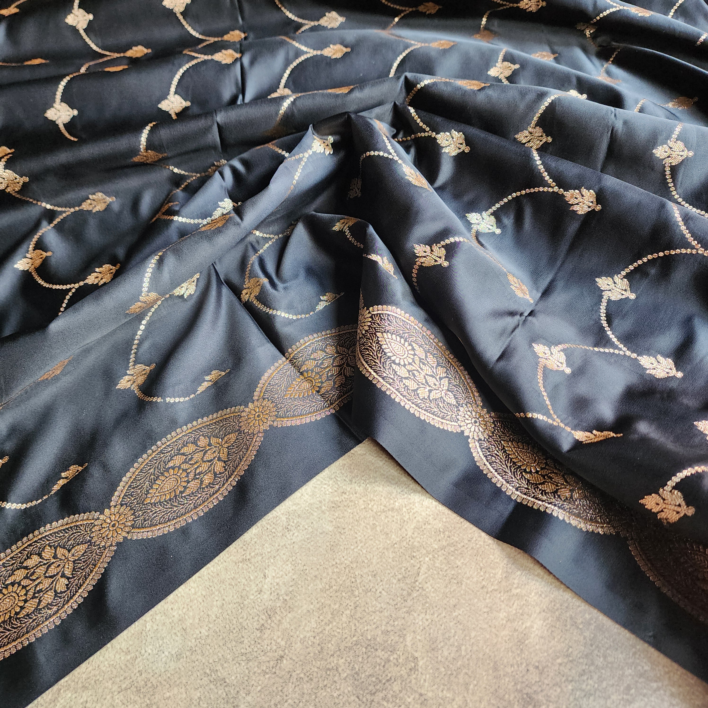 Black Pure Banarasi Katan Silk Saree with Gold Zari Weaving