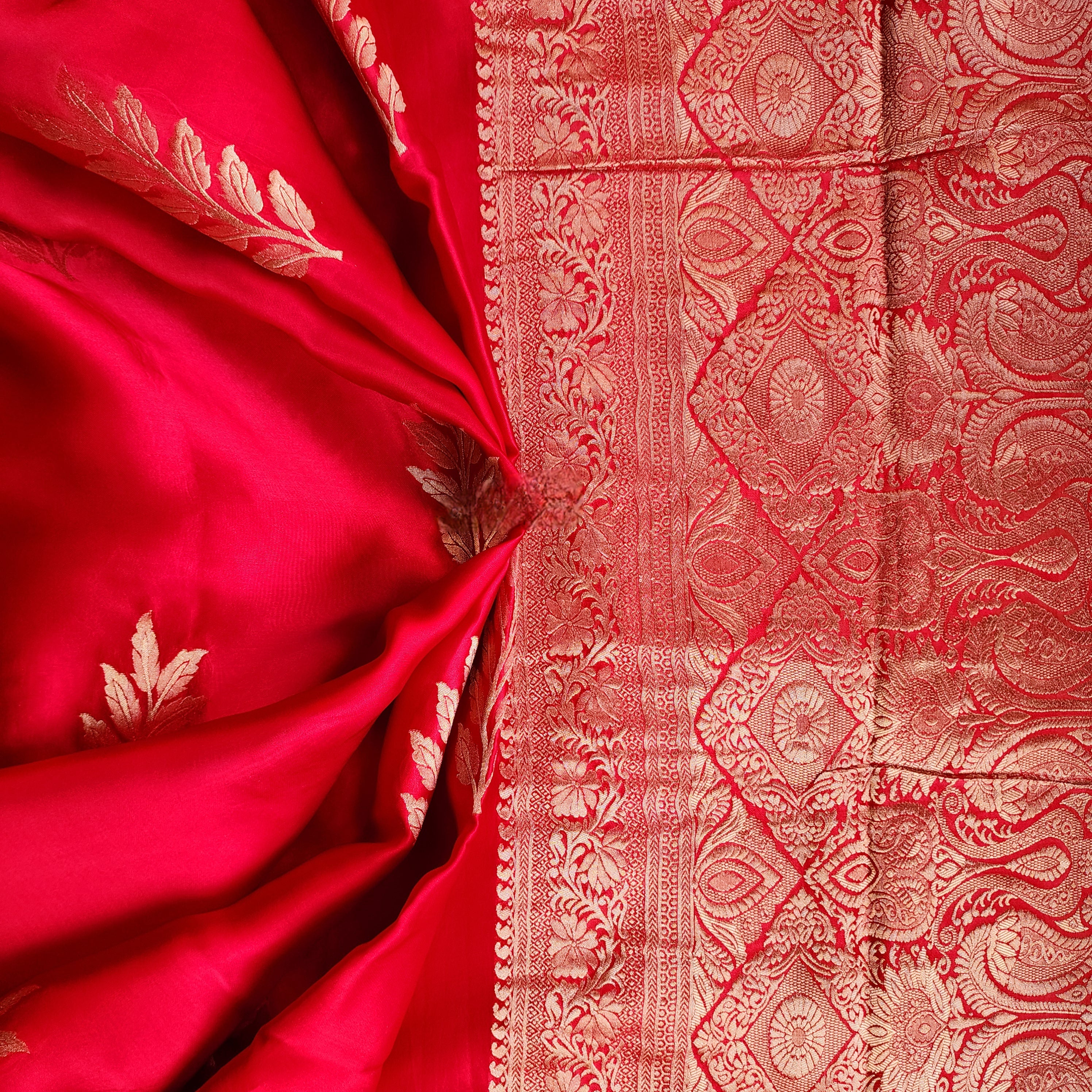 Bright Red Mashru Katan Silk Saree with Gold Weave