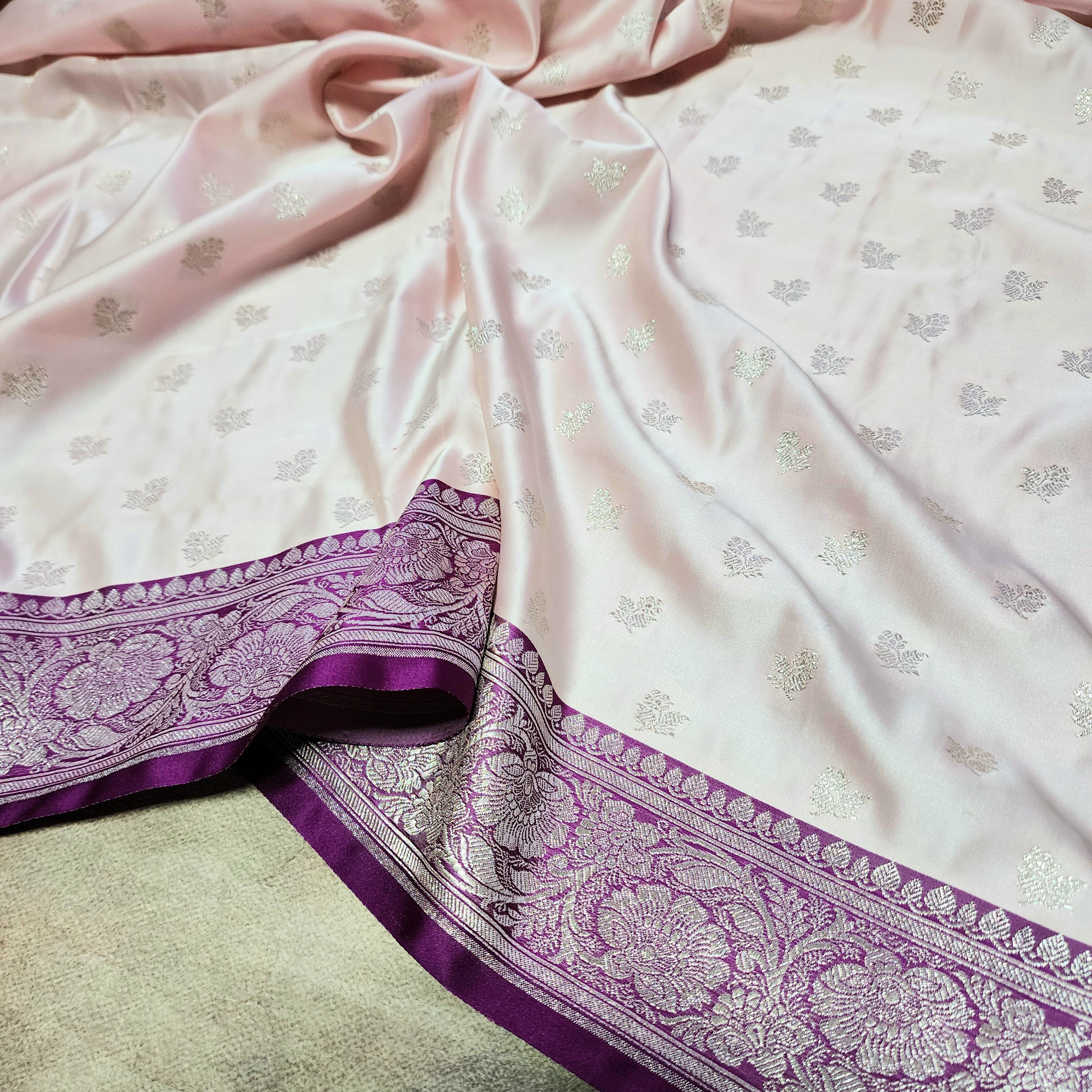 Pastel Pink Pure Banarasi Katan Silk Saree with Magenta Border
