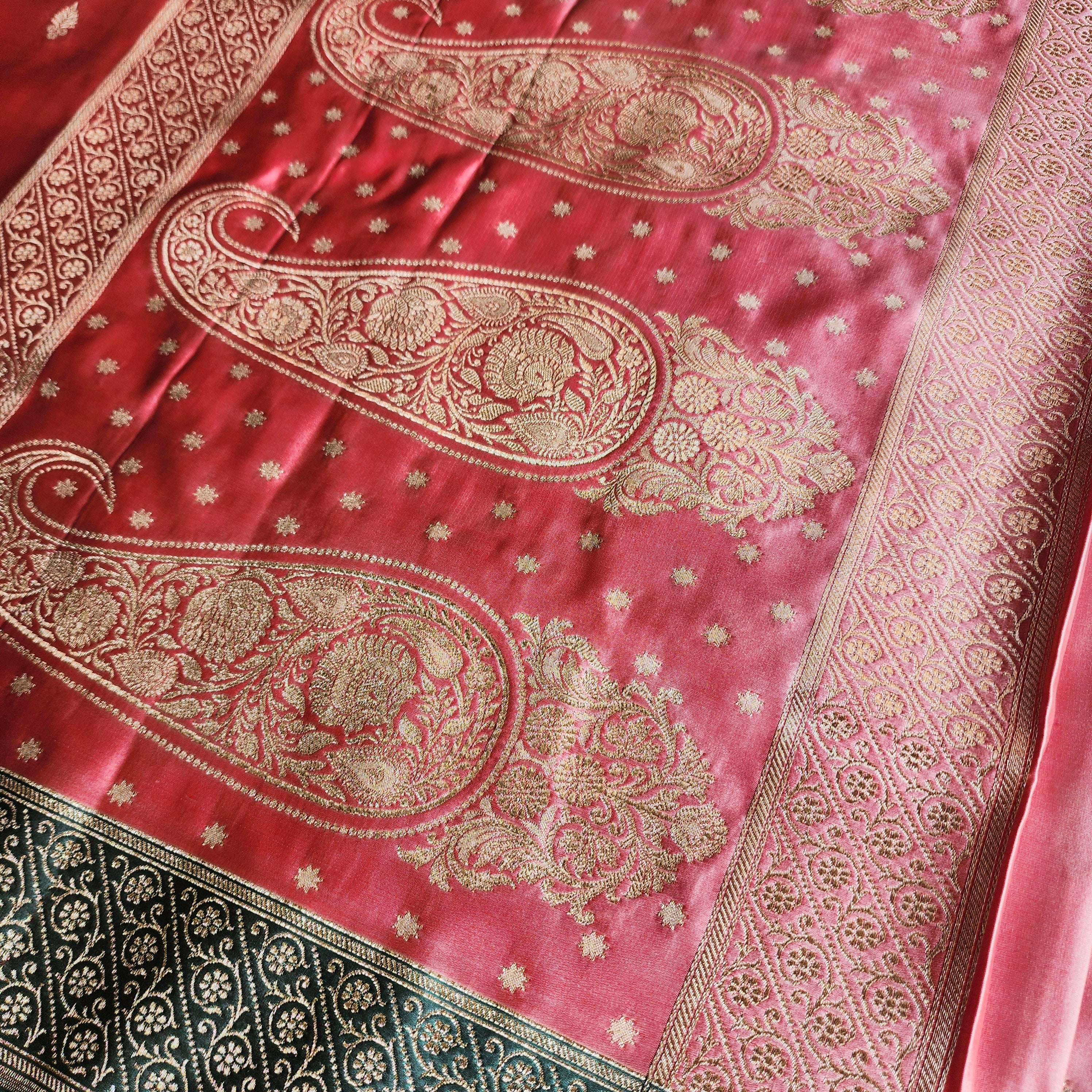 Rose Pink Katan Silk Saree with Teal Blue Gold Zari Border
