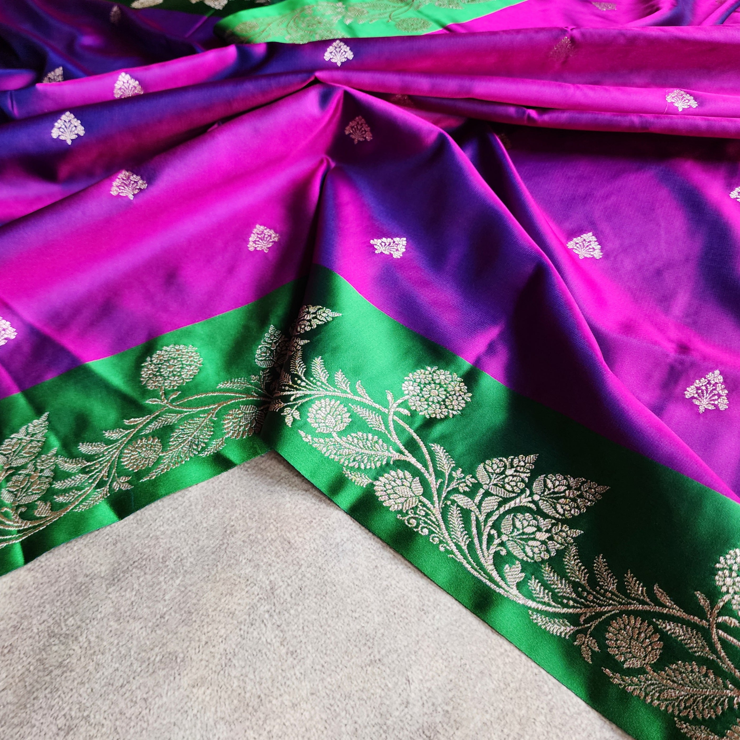 Royal Purple Pure Banarasi Katan Silk Saree with Leaf Green Border