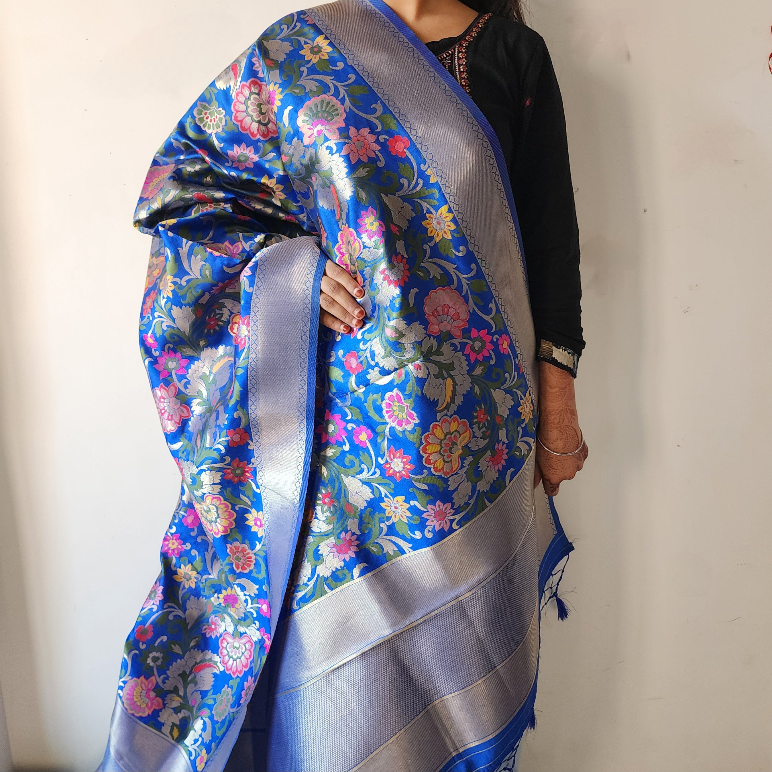 Banarasi Silk Royal Blue Dupatta with Multicolor & Gold Floral Handweaving