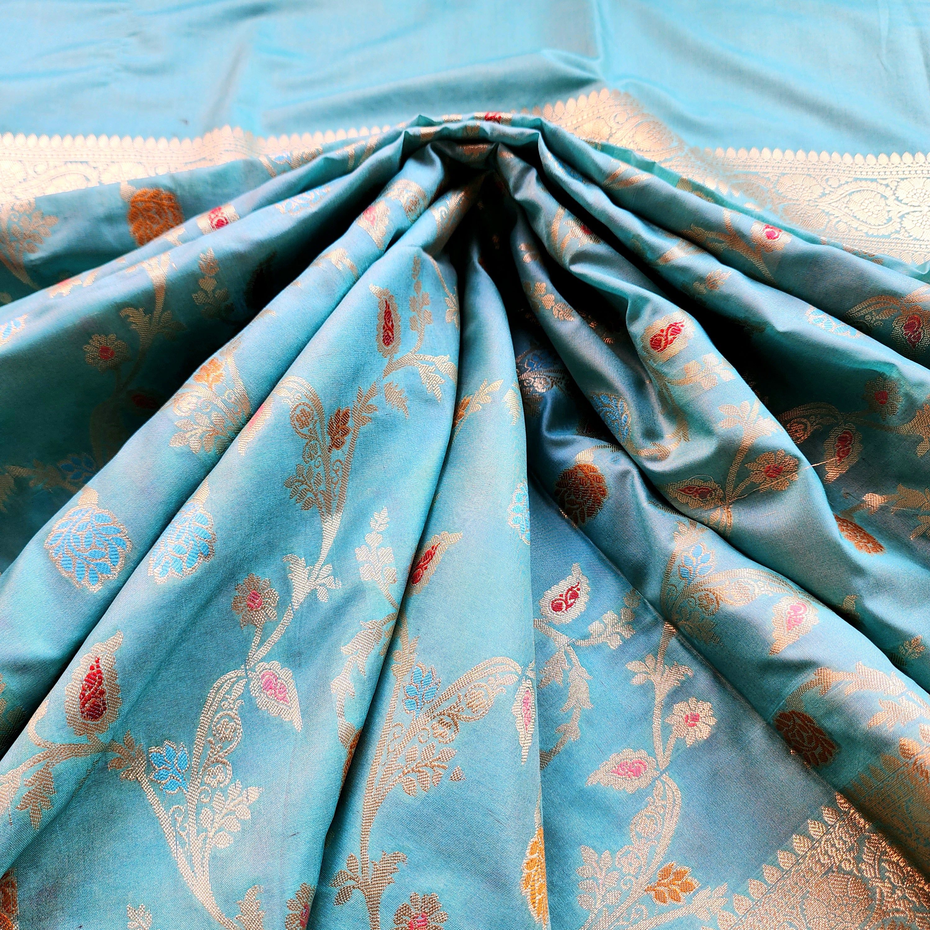 Pastel Sky Blue Banarasi Silk Dupatta with Gold Zari Border & Multicolor Meenakari Work