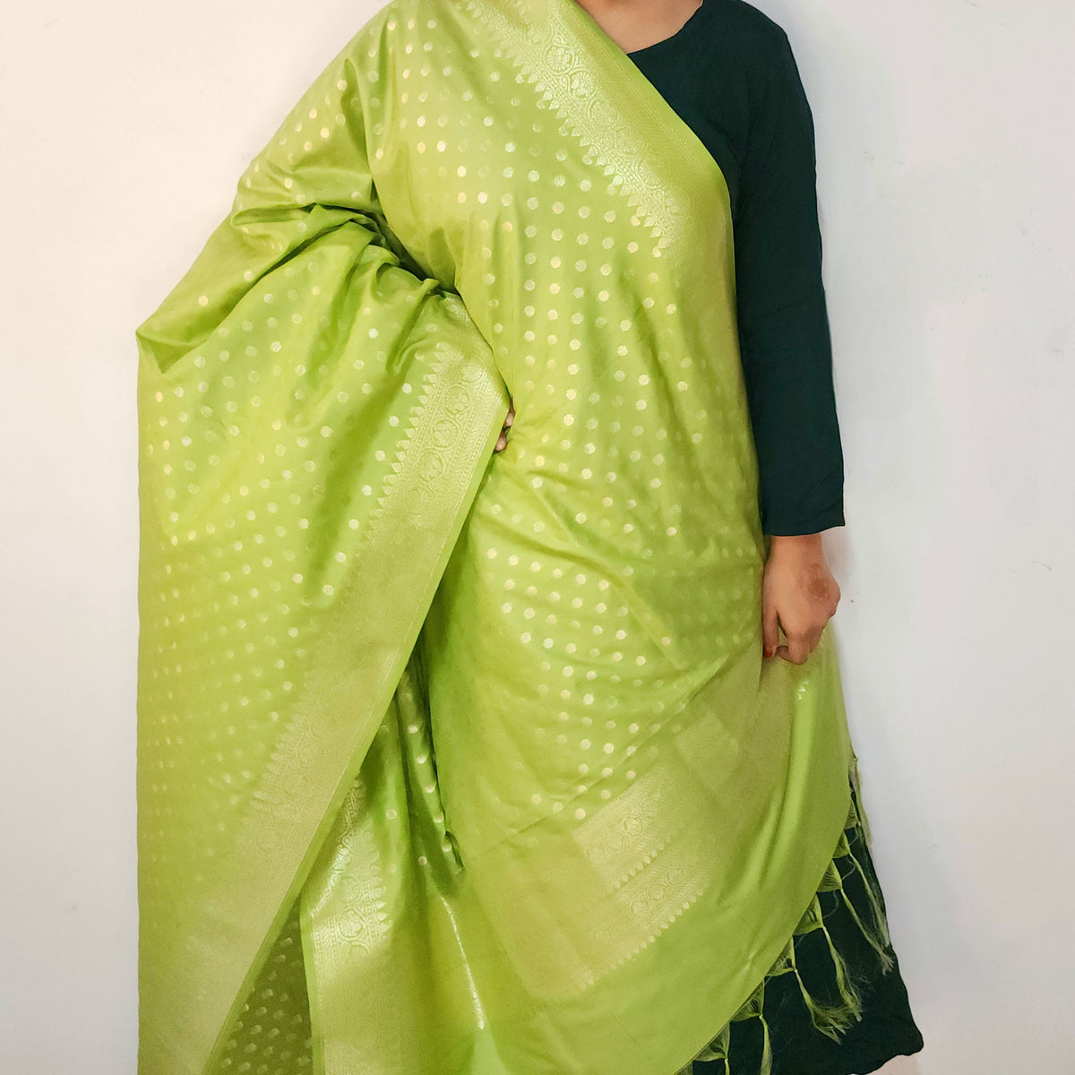 Lime Green Banarasi Silk Dupatta with Gold Polka Dot