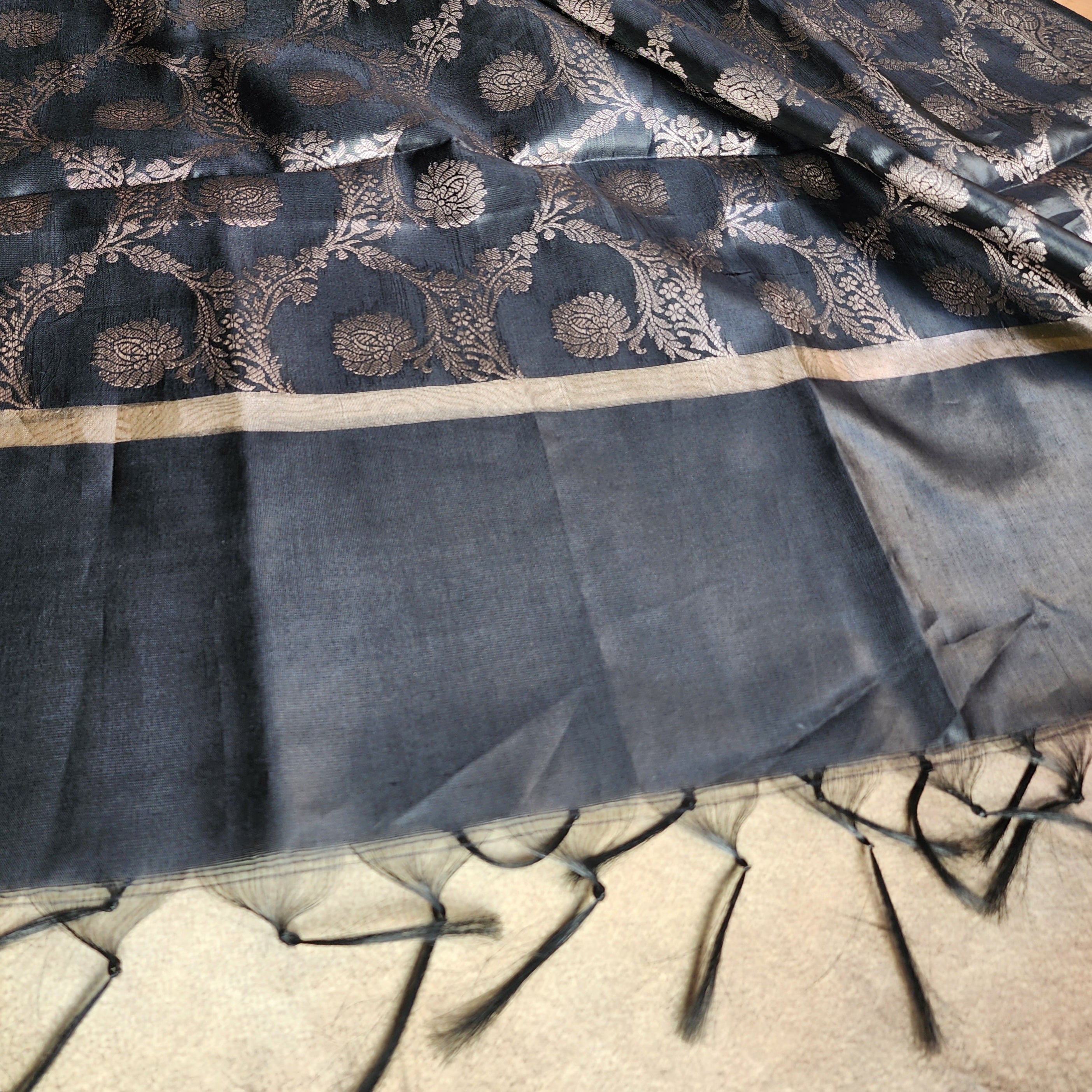 Black Semi Silk Zari Dupatta
