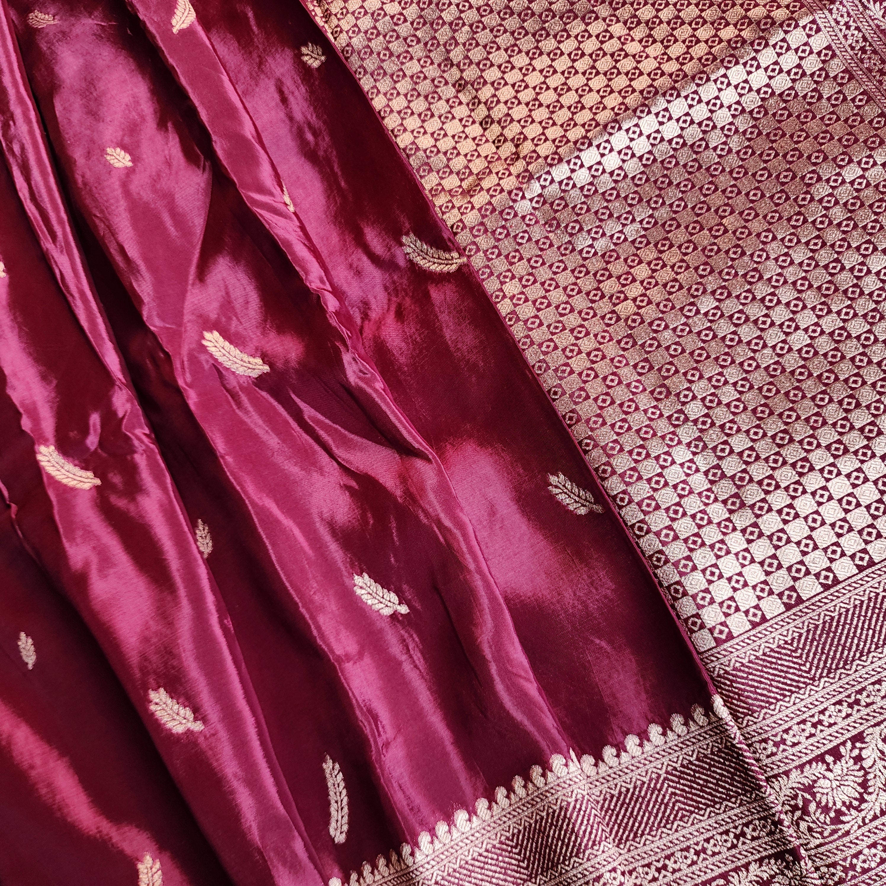 Wine Pure Crepe Silk Saree with Silver Zari Border