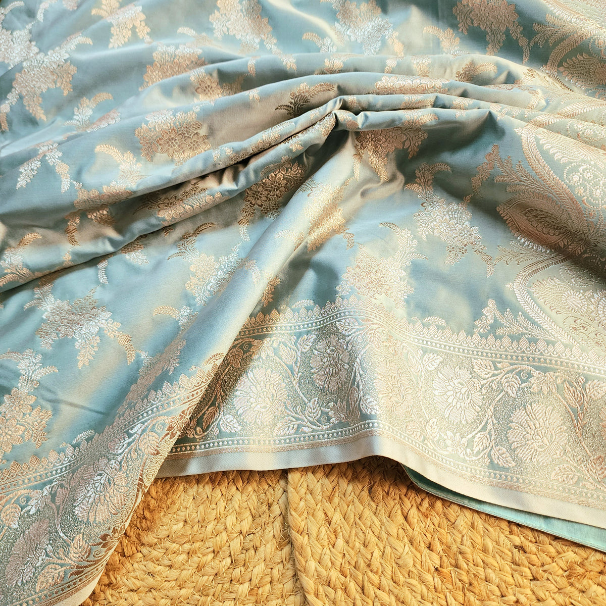 Dusty Blue Banarasi Katan Silk Saree with Floral Vine Jaal