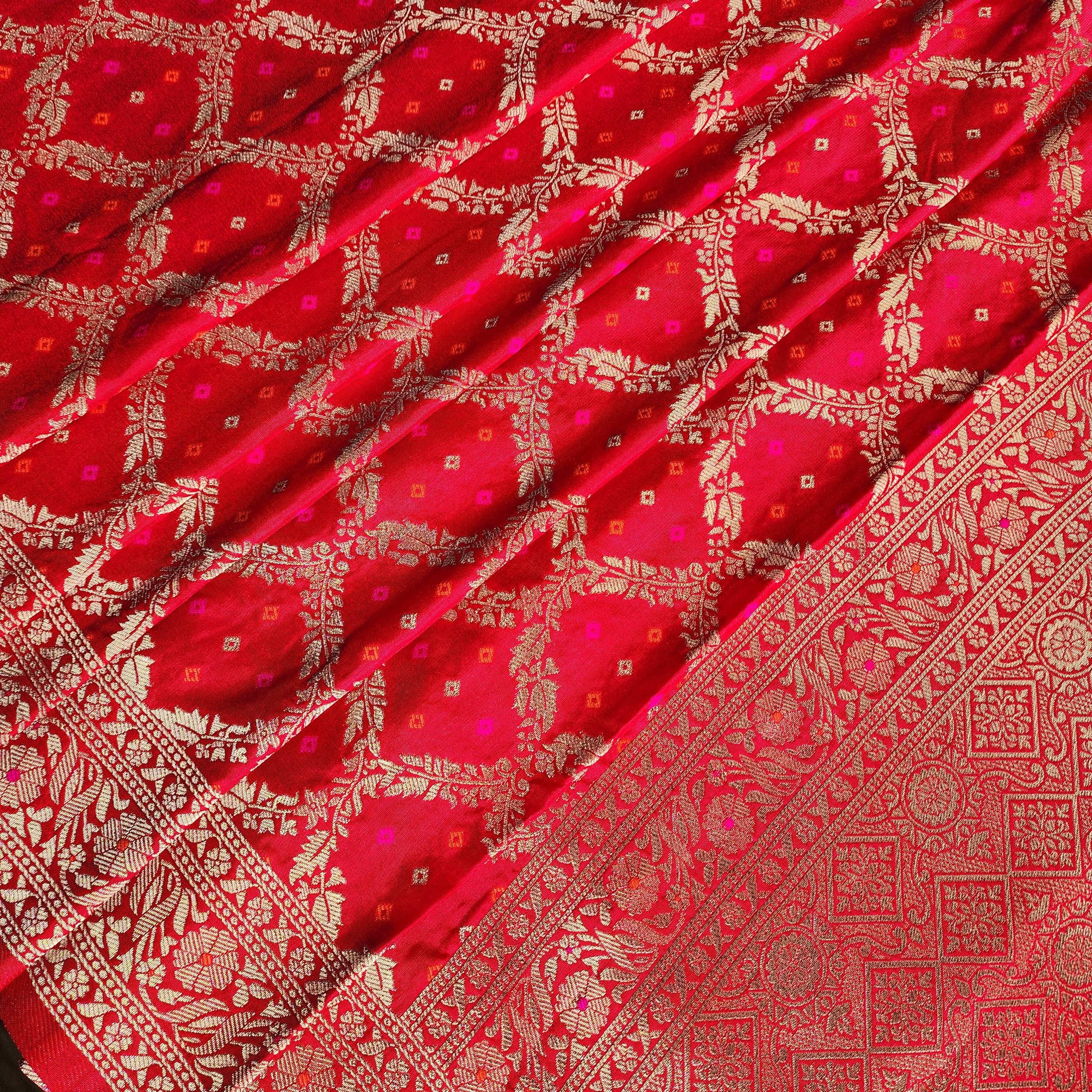 Red Bandhani Dupatta with Traditional Jaal