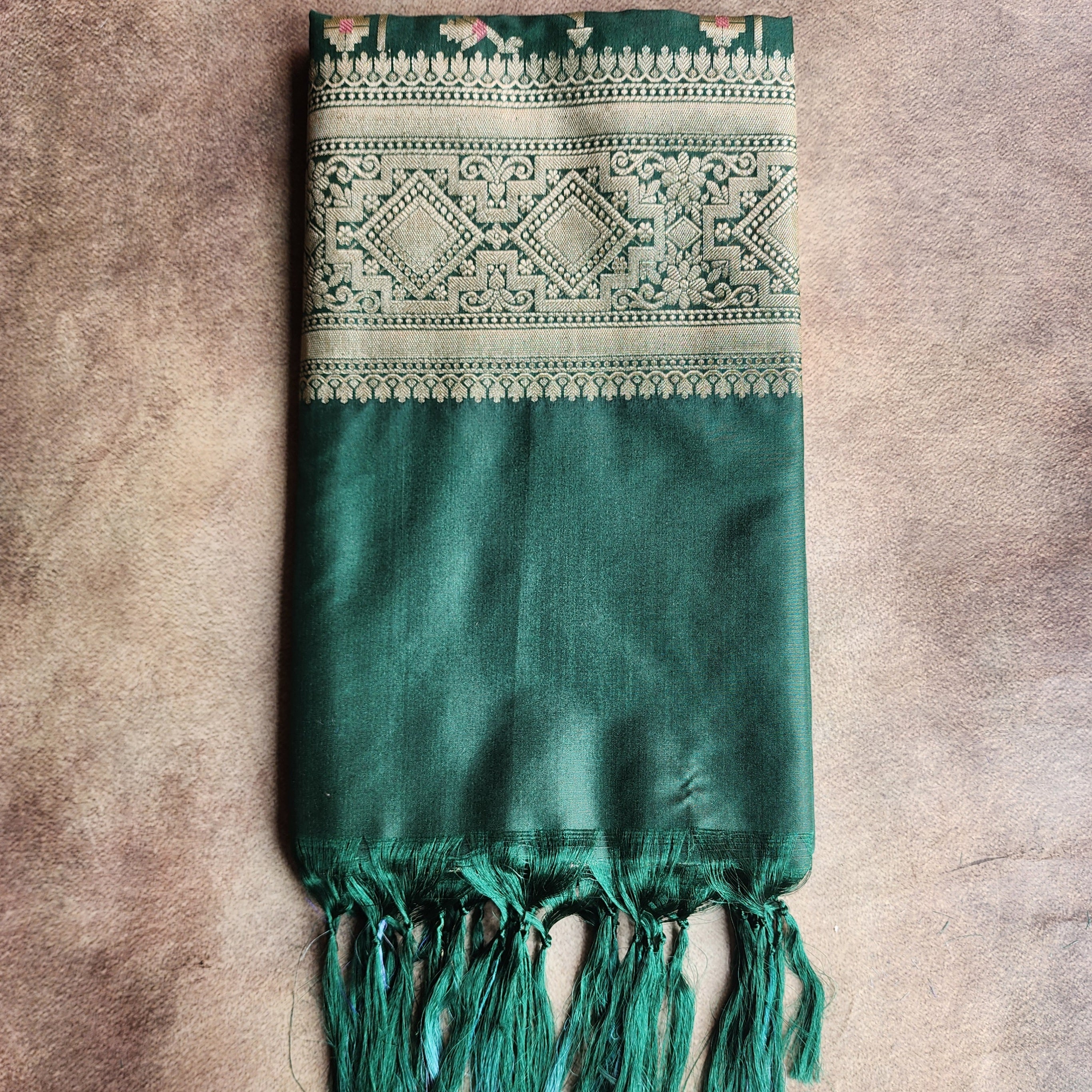 Golden Grid Banarasi Silk Dupatta with Meenakari Work in Dark Bottle Green