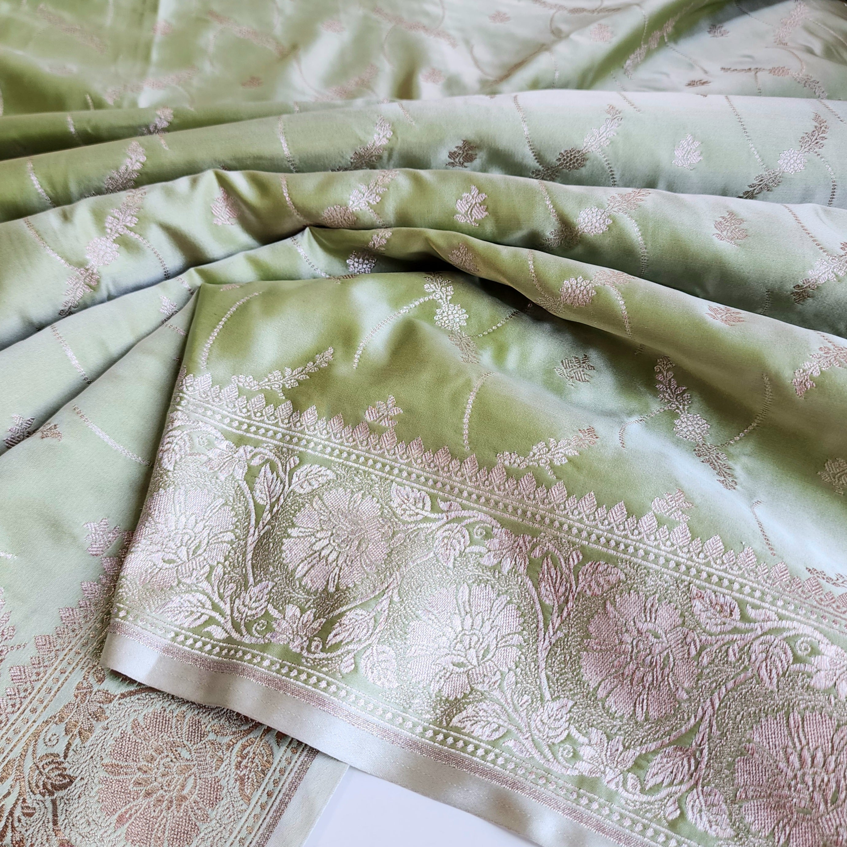 Pastel Sage Green Banarasi Katan Silk Saree with Light Gold Zari weaving