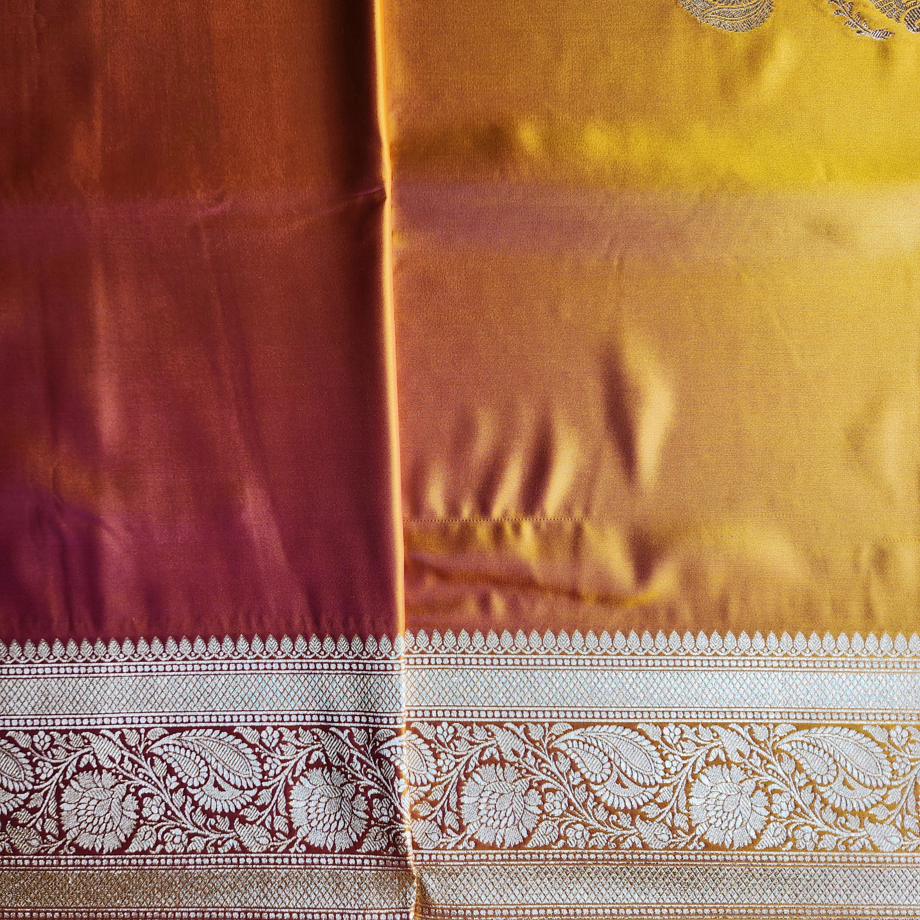 Rich Marigold Yellow Pure Banarasi Katan Silk Saree with light Gold Zari Weaving
