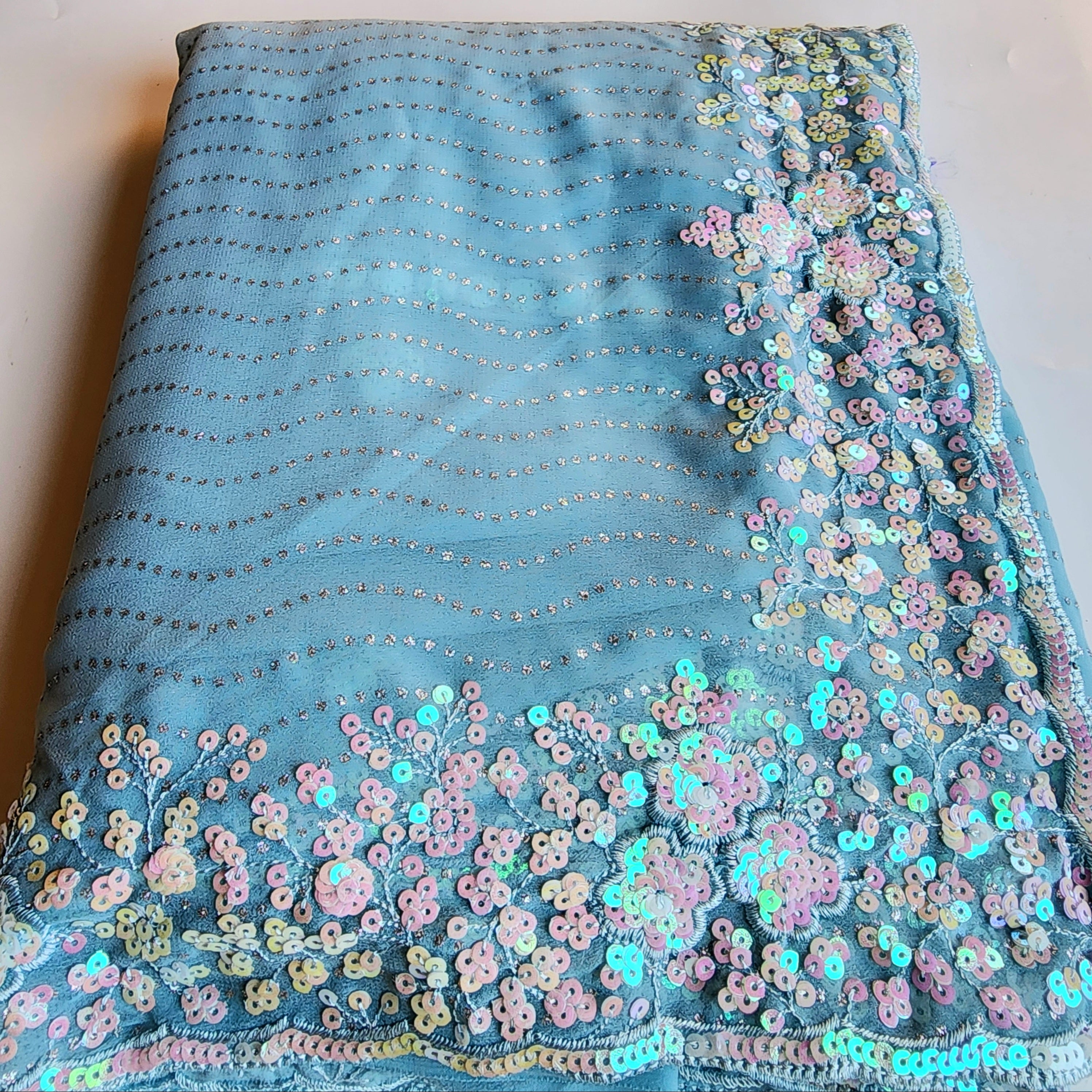 Soft Blue Designer Chiffon Silk Saree