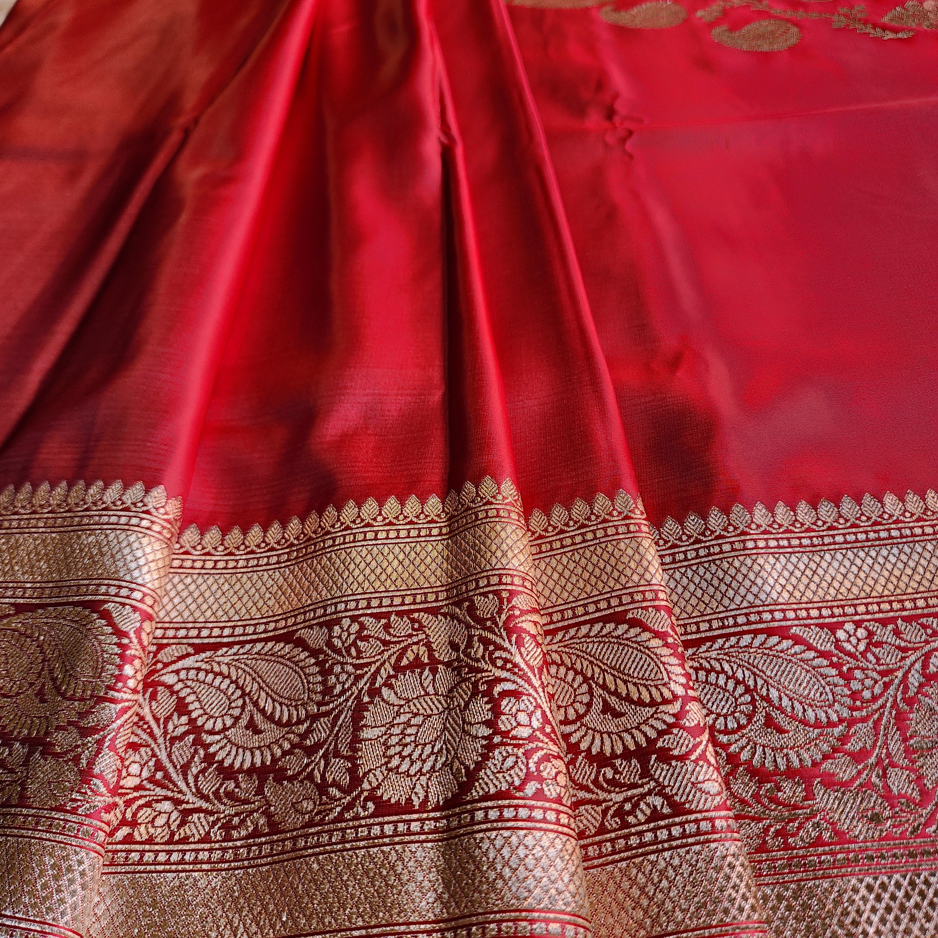 Rich Rose Pink Pure Banarasi Katan Silk Saree with light Gold Zari Weaving