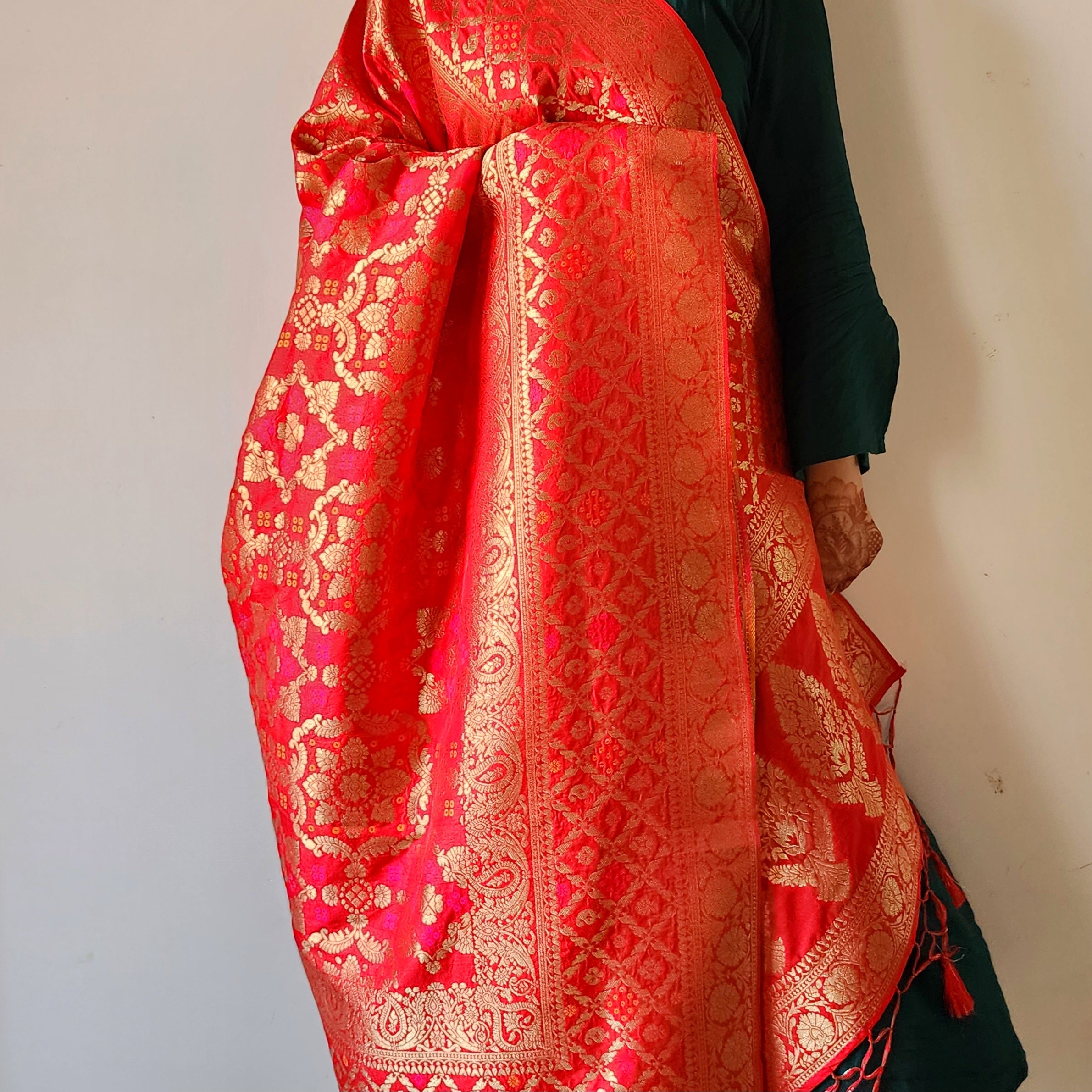 Deep Ruby Red Bandhani Dupatta with Floral and Geometric Zari Weave